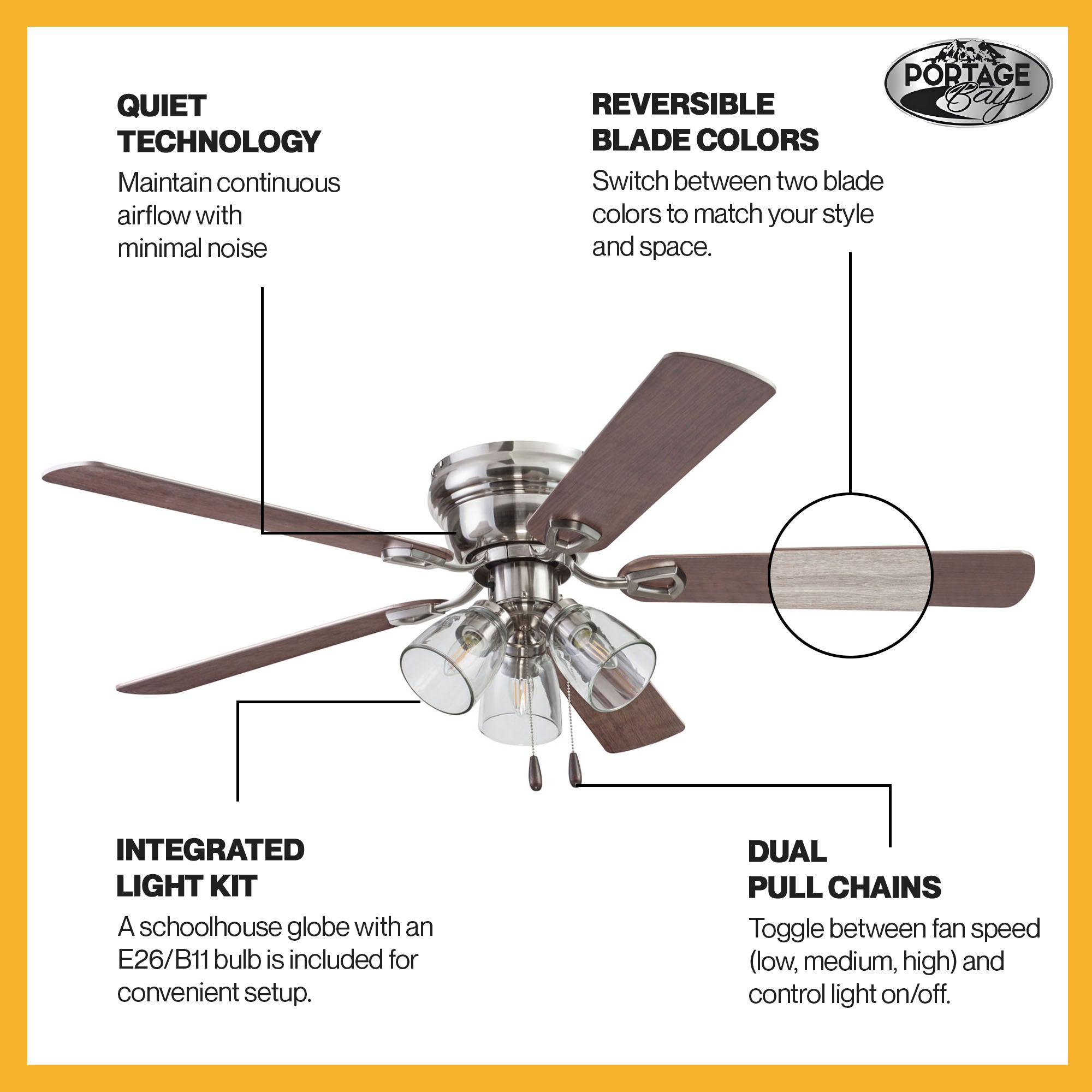 Portage Bay Renton Ceiling Fan with Quiet, Reversible Motor, 52", Brushed Nickel - VMInnovations