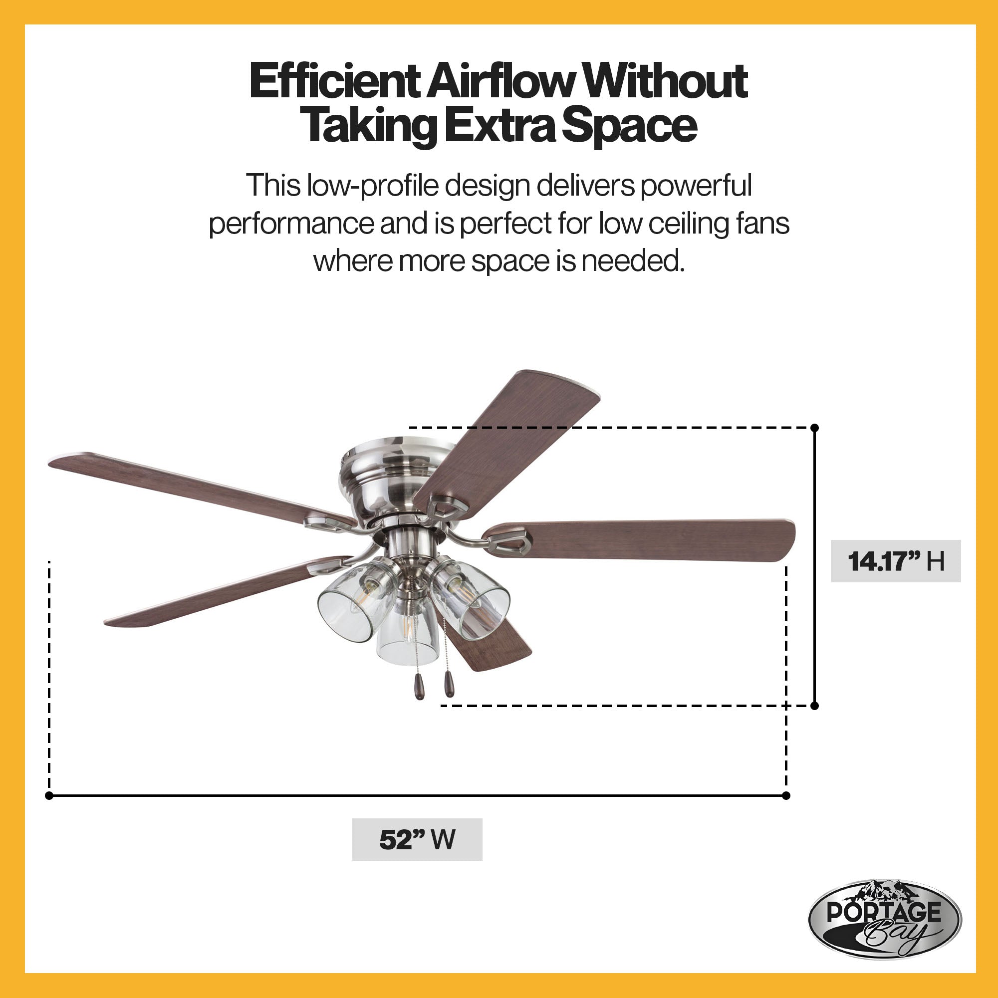Portage Bay Renton Ceiling Fan with Quiet, Reversible Motor, 52", Brushed Nickel