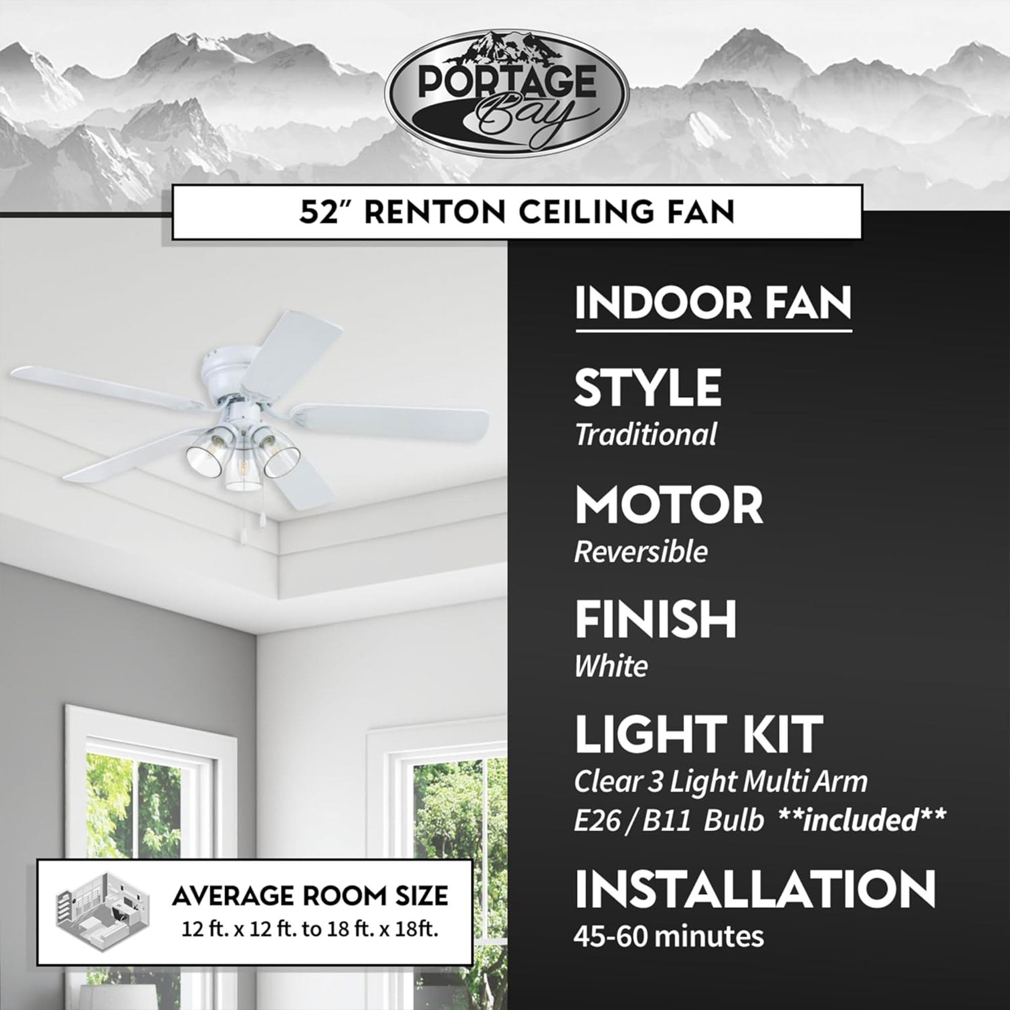 Portage Bay Renton Indoor Ceiling Fan with Quiet, Reversible Motor 52"(Open Box) - VMInnovations