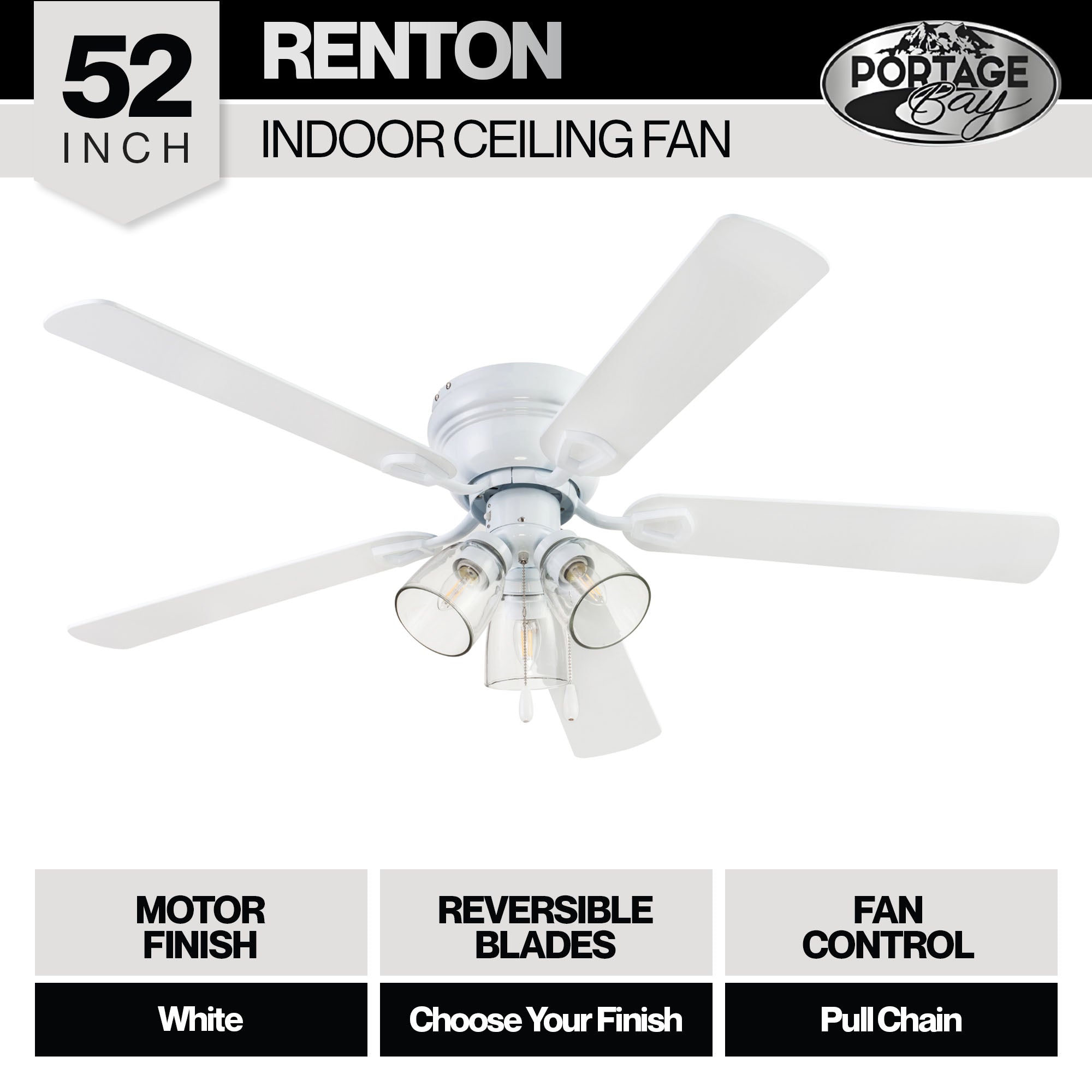 Portage Bay Renton Indoor Ceiling Fan with Quiet, Reversible Motor, 52", White - VMInnovations