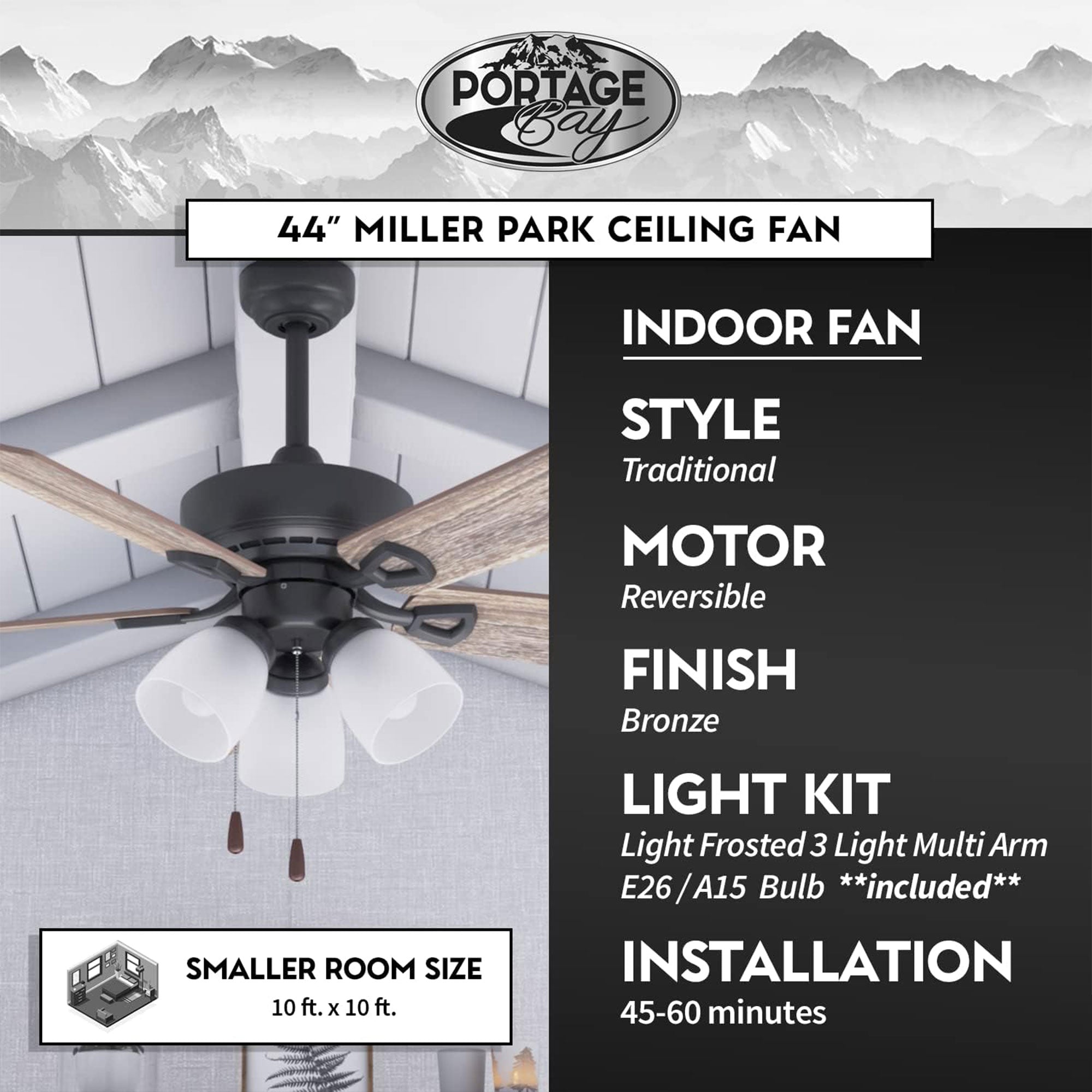 Portage Bay Miller Park Ceiling Fan w/ 5 Reversible Blades & Motor 44"(Open Box)