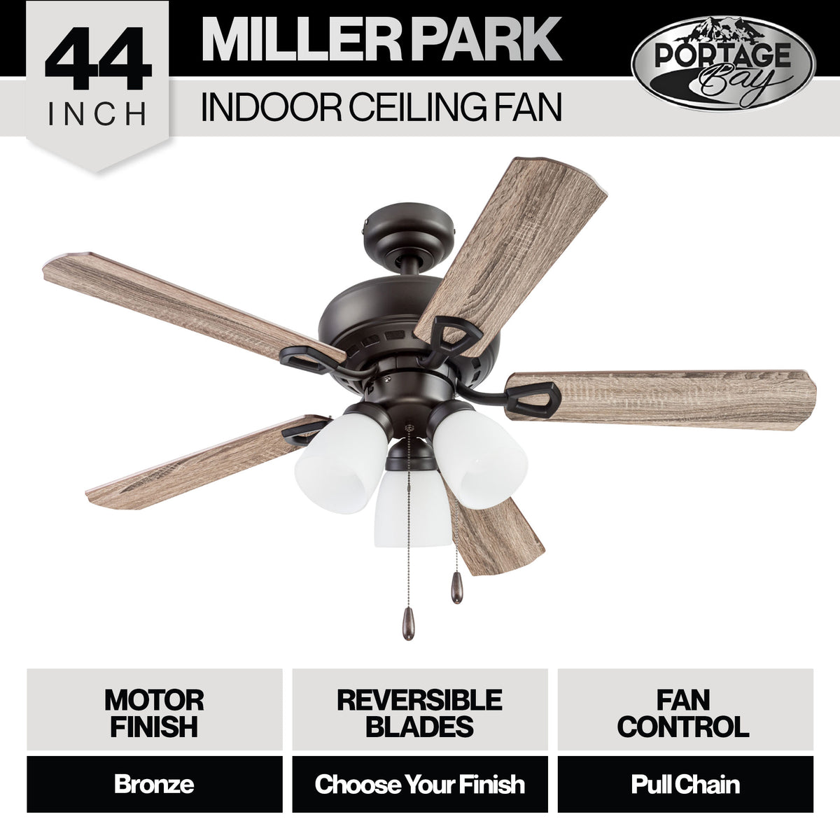 Portage Bay Miller Park Ceiling Fan w/ 5 Reversible Blades & Motor, 44", Bronze
