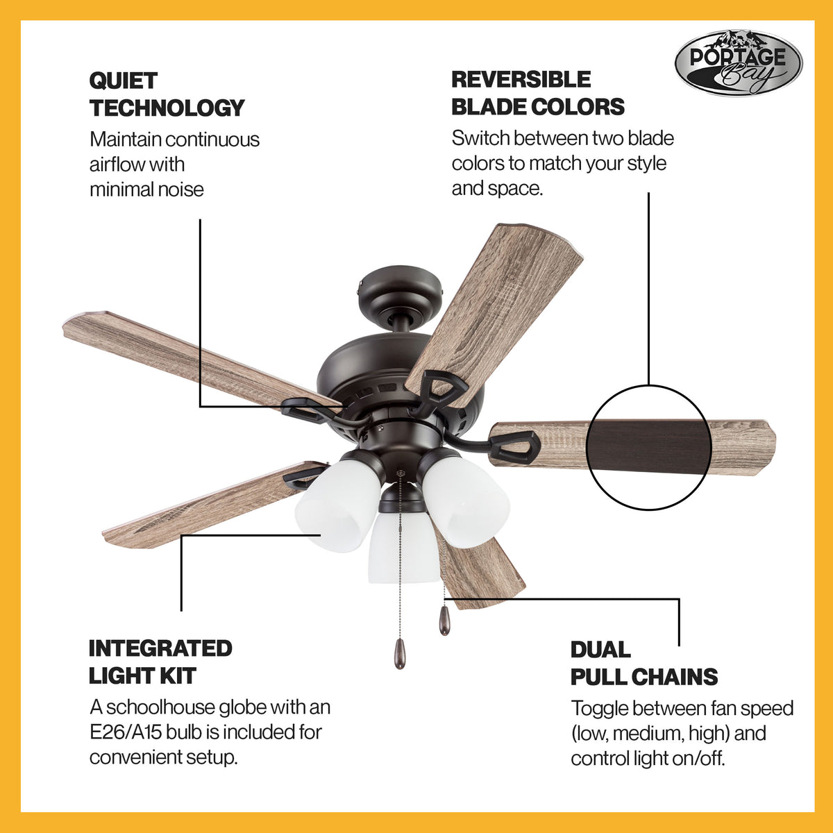 Portage Bay Miller Park Ceiling Fan w/ 5 Reversible Blades & Motor, 44", Bronze