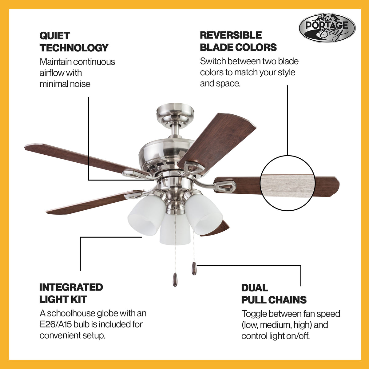 Portage Bay Miller Park Ceiling Fan w/ Reversible Blades, 44", Brushed Nickel - VMInnovations