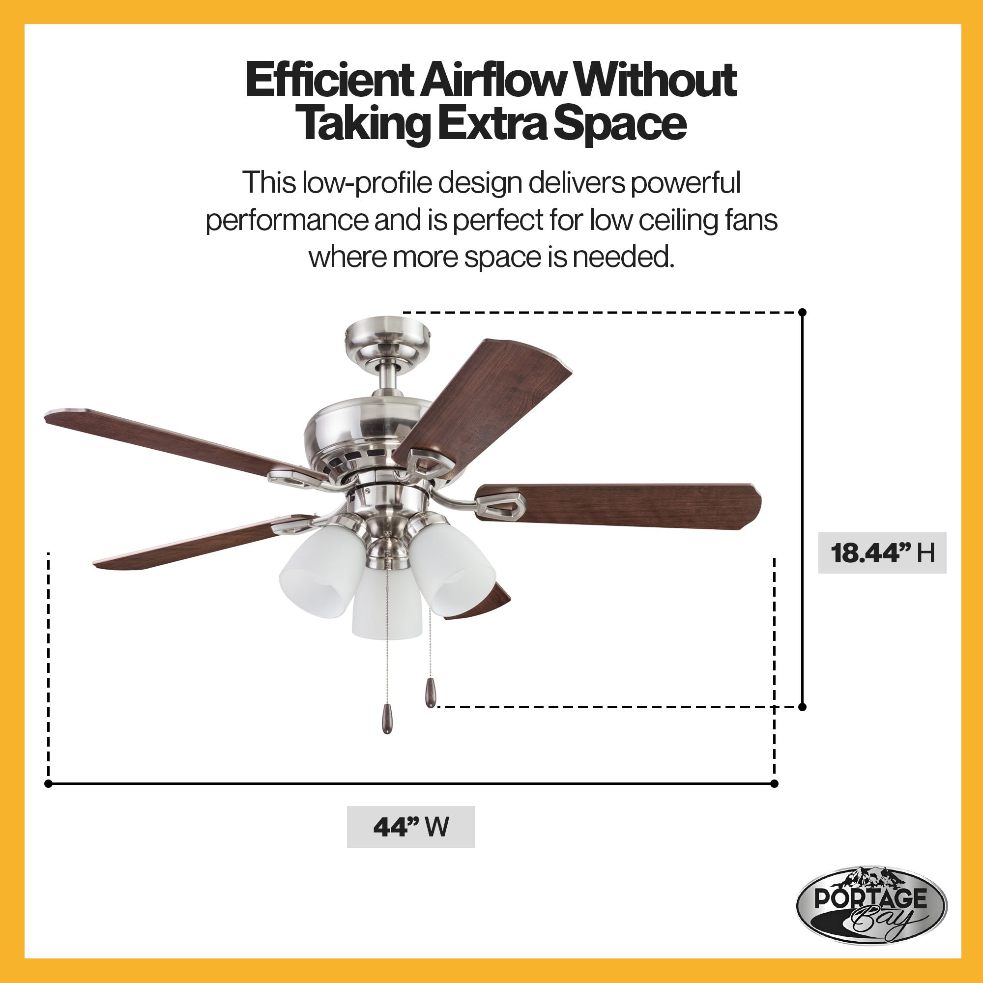 Portage Bay Miller Park Ceiling Fan w/ Reversible Blades, 44", Brushed Nickel - VMInnovations