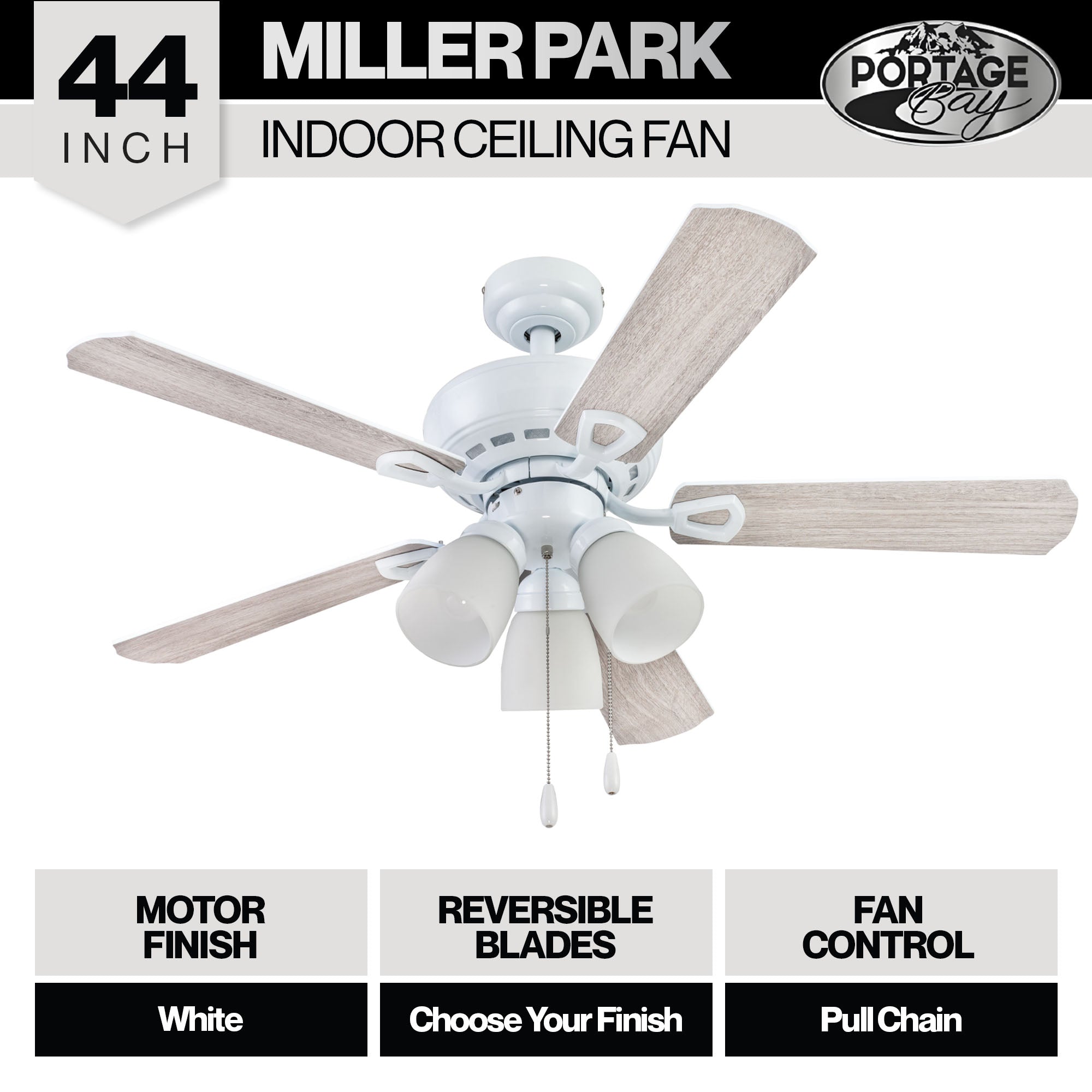 Portage Bay Miller Park Ceiling Fan w/ 5 Reversible Blades & Motor, 44", White - VMInnovations