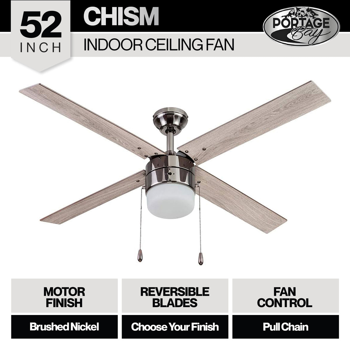 Portage Bay Madrona Indoor Ceiling Fan, Quiet, Reversible Motor, 52", Gun Metal - VMInnovations
