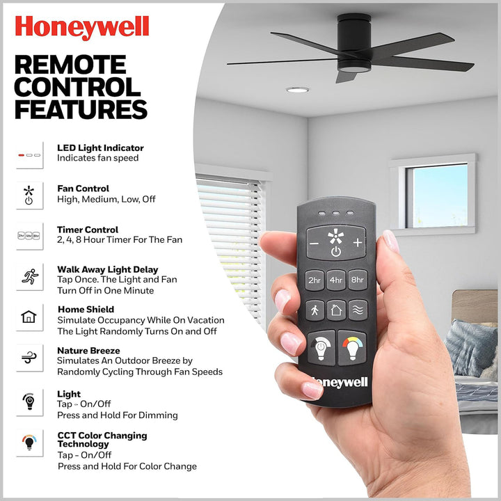 Honeywell Graceshire 52” Ceiling Fan with LED Light and Remote, Matte Black - VMInnovations