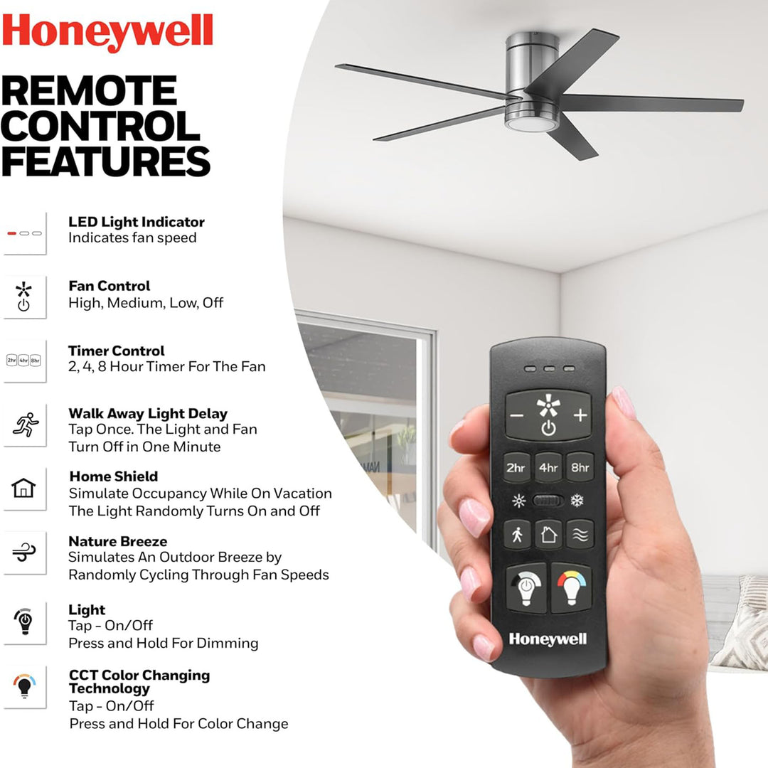 Honeywell Graceshire 52” Ceiling Fan with LED Light and Remote, Brushed Nickel - VMInnovations