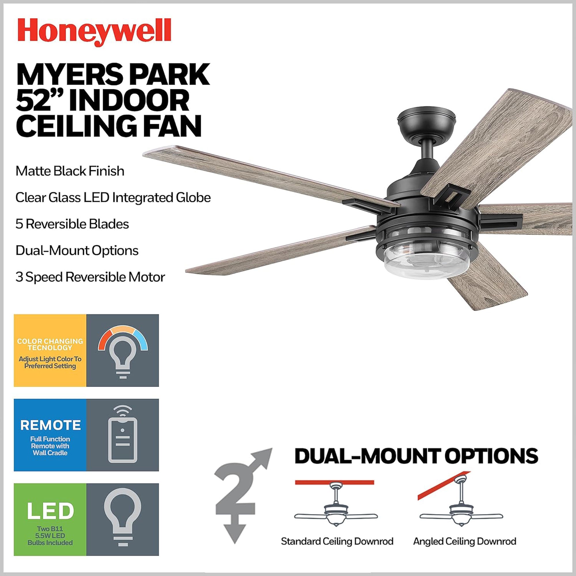 Honeywell Myers Park 52" Ceiling Fan w/ Remote, & Reversible Blades, (For Parts) - VMInnovations