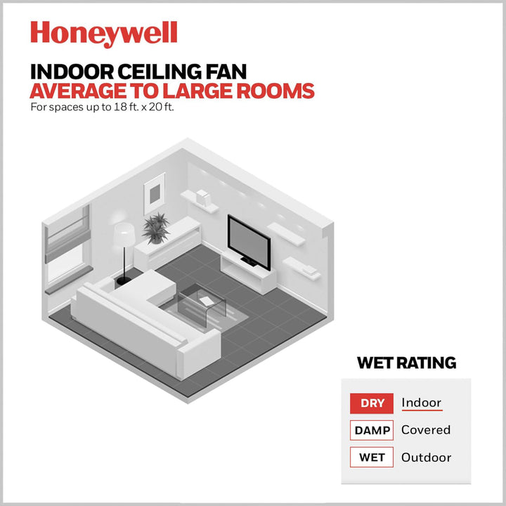 Honeywell Carnegie Ceiling Fan, Quiet Motor and Remote Control, 52", Matte Black - VMInnovations