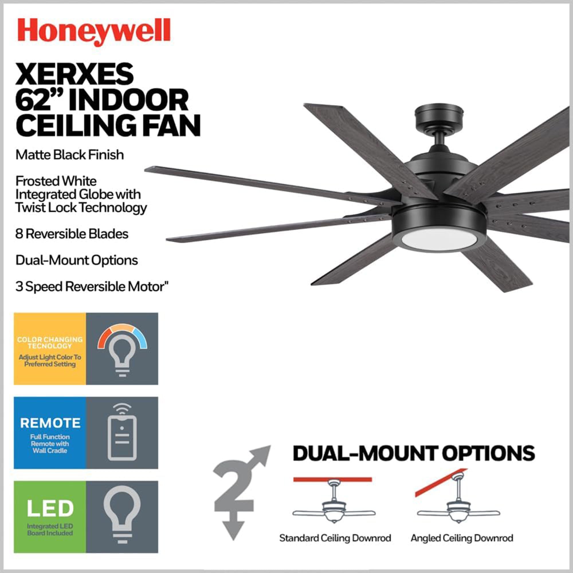 Honeywell Xerxes 62" Ceiling Fan w/ Remote, & Reversible Blades (Open Box)