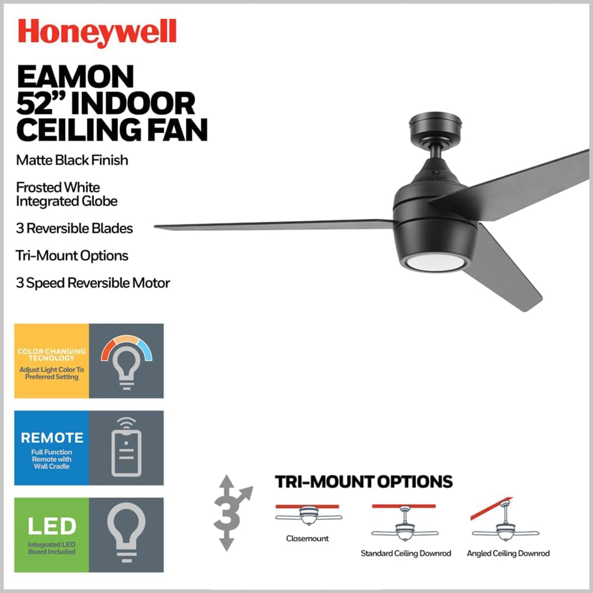Honeywell 52" Indoor Ceiling Fan Light, Remote, 3 Blade, Dual Mount, Matte Black - VMInnovations