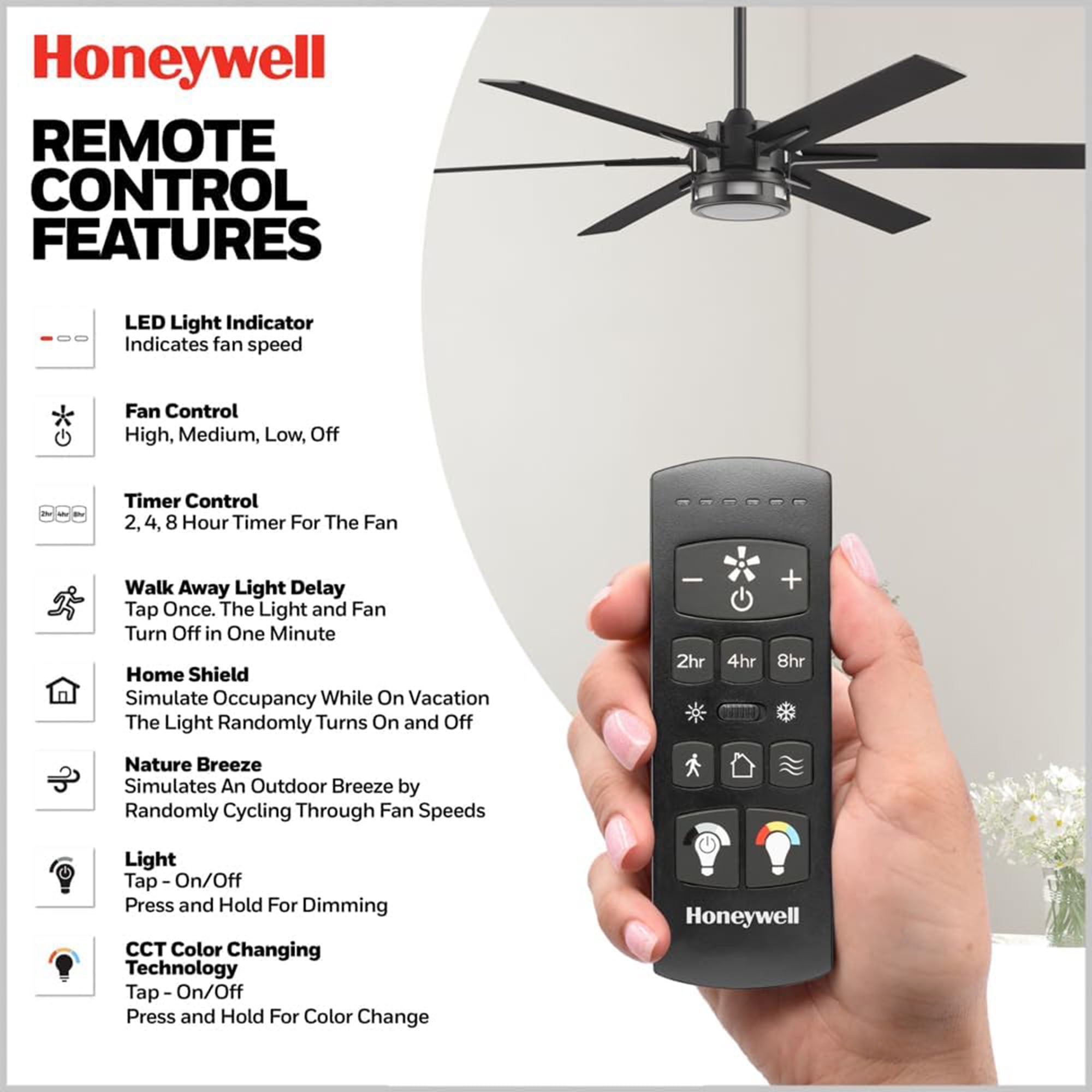 Honeywell Ceiling Fan, Color Changing LED & Remote Control, 60", Black(Open Box) - VMInnovations