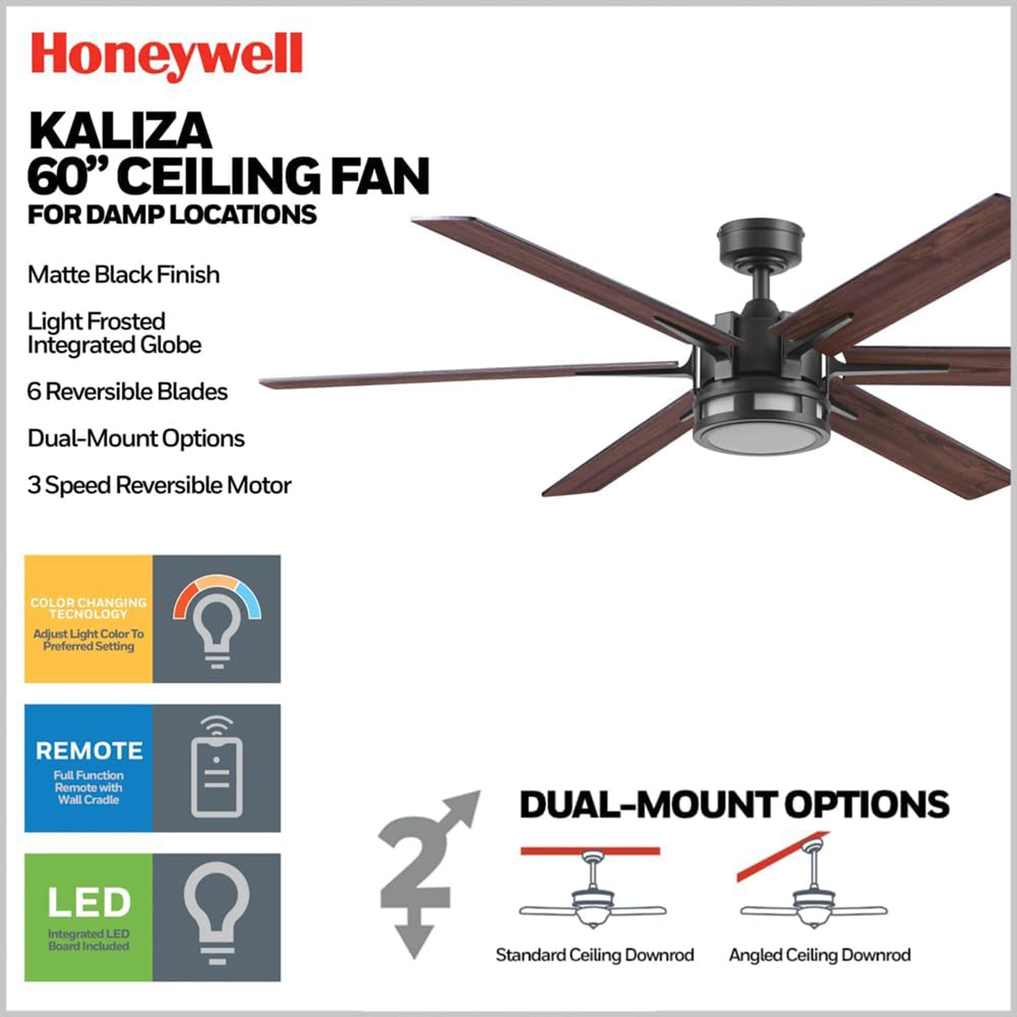 Honeywell Ceiling Fan, Color Changing LED & Remote Control, 60", Black(Open Box) - VMInnovations