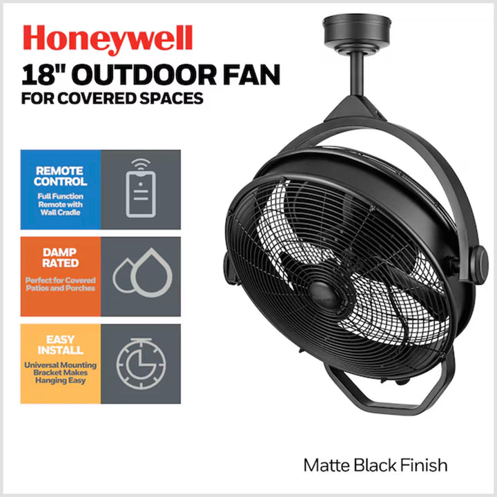 Honeywell Garage Ceiling Fan, 18” 3 Speed Indoor Outdoor Mount Fan, Matte Black - VMInnovations