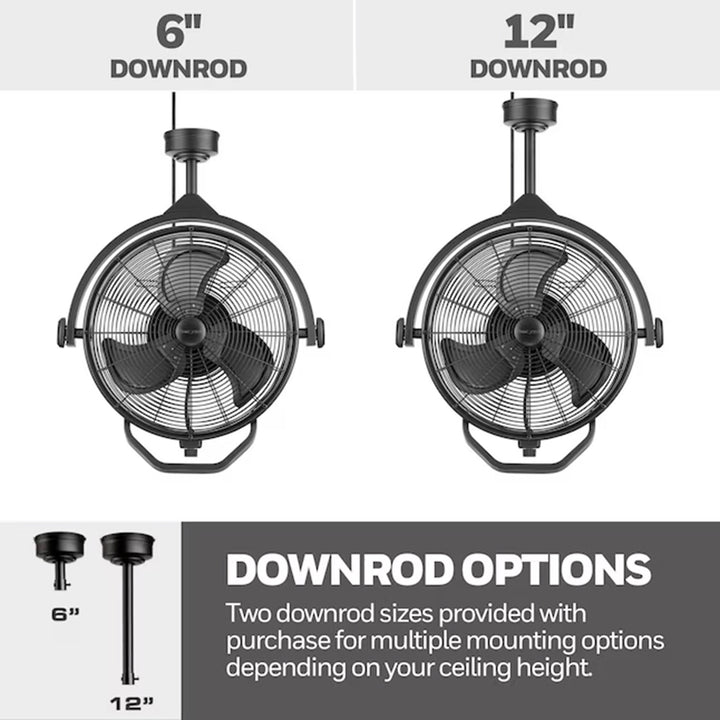 Honeywell Garage Ceiling Fan, 18” 3 Speed Indoor Outdoor Mount Fan, Matte Black - VMInnovations