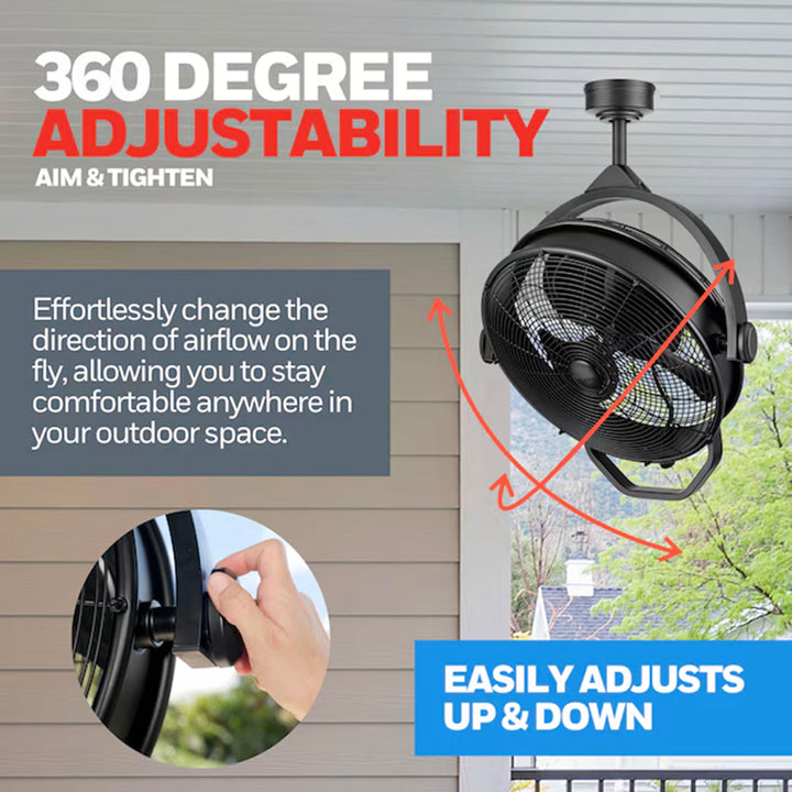 Honeywell Garage Ceiling Fan, 18” 3 Speed Indoor Outdoor Mount Fan, Matte Black - VMInnovations