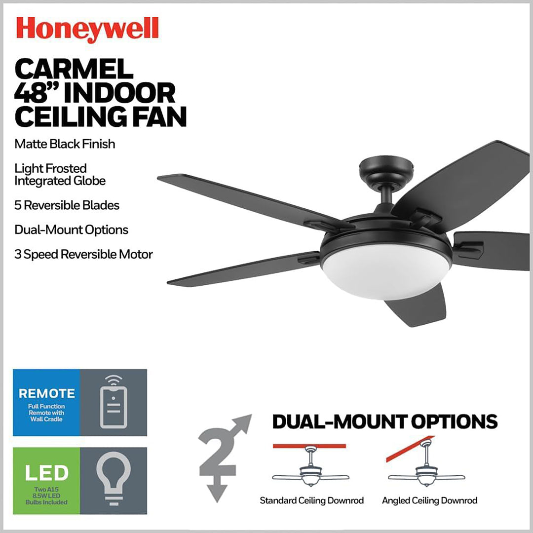 Honeywell 48" Contemporary Ceiling Fan, LED Light, Remote Control, Carmel, Black - VMInnovations