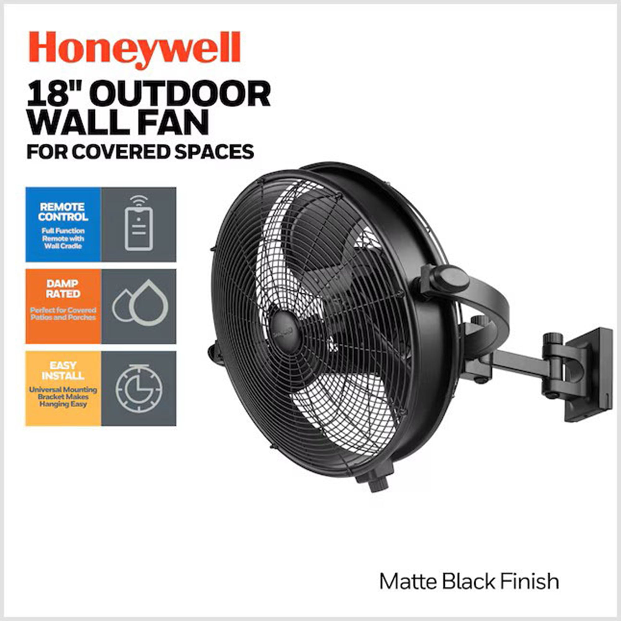 Honeywell Outdoor Wall Fan Remote Quiet 18" XL Mount Adjustable, Matte Black - VMInnovations