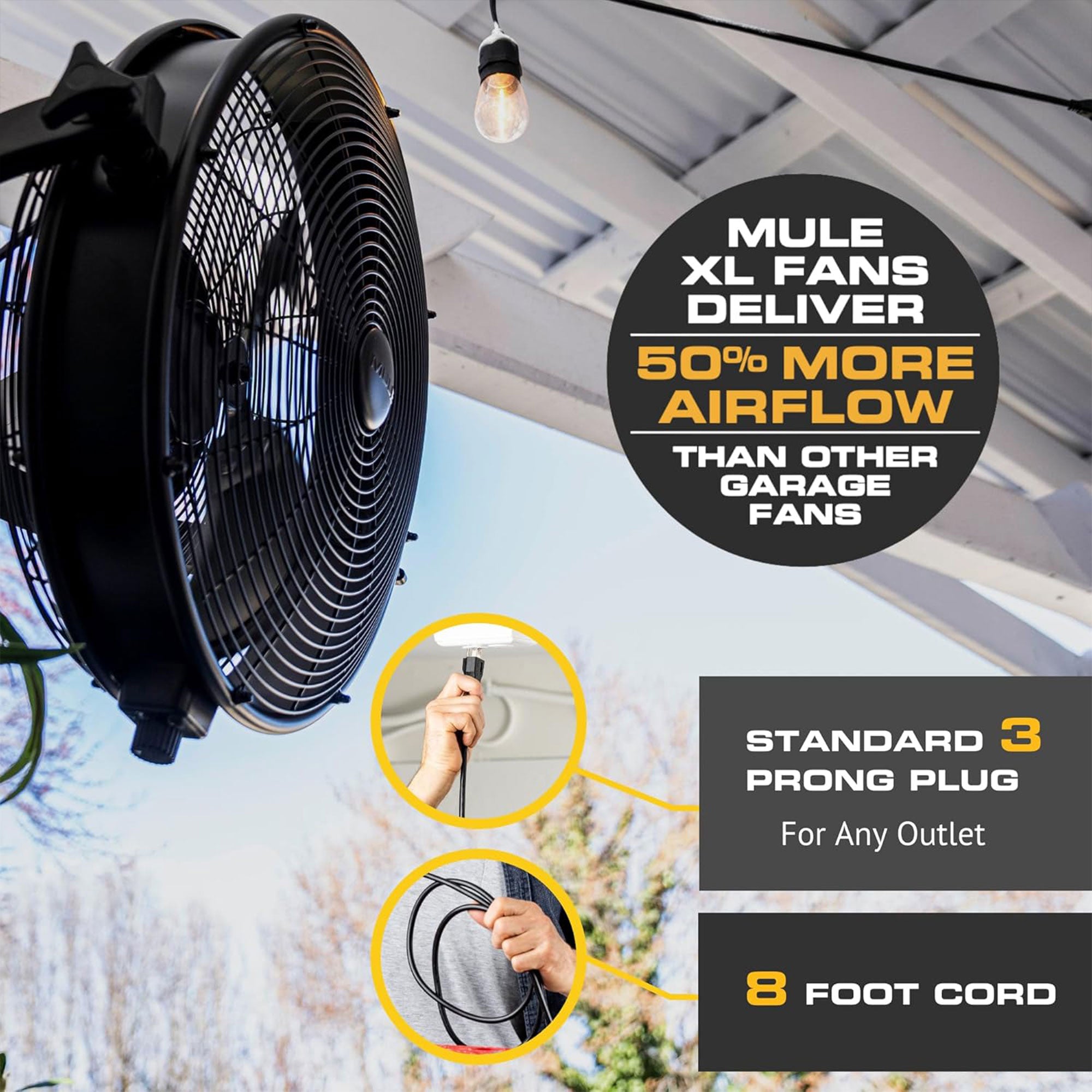 Mule 18 Inch Adjustable Outdoor Wall Fan Extended Arm 3 Speed, Black (Open Box) - VMInnovations