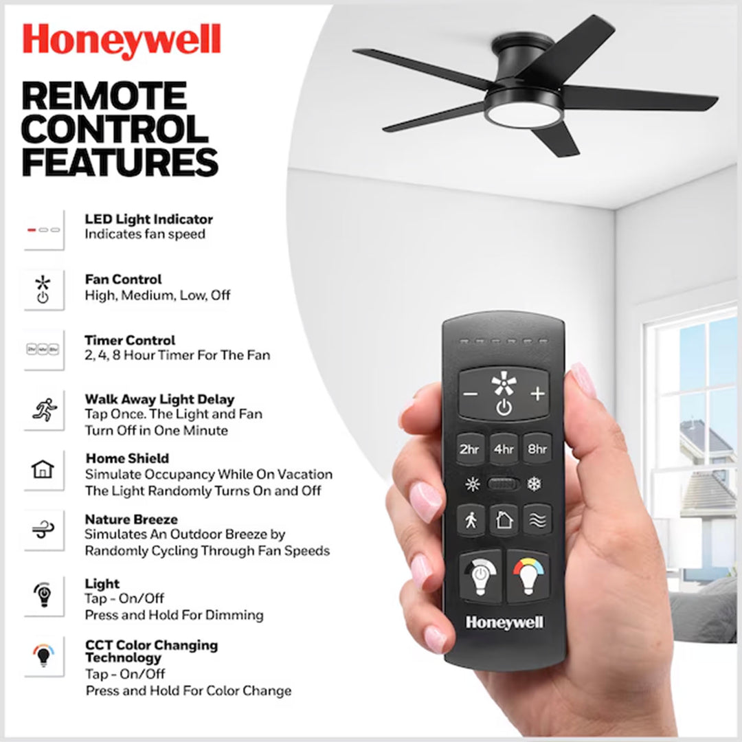 Honeywell 52" Modern Ceiling Fan LED Remote 5 Blade Indoor Tynesdale, Black - VMInnovations