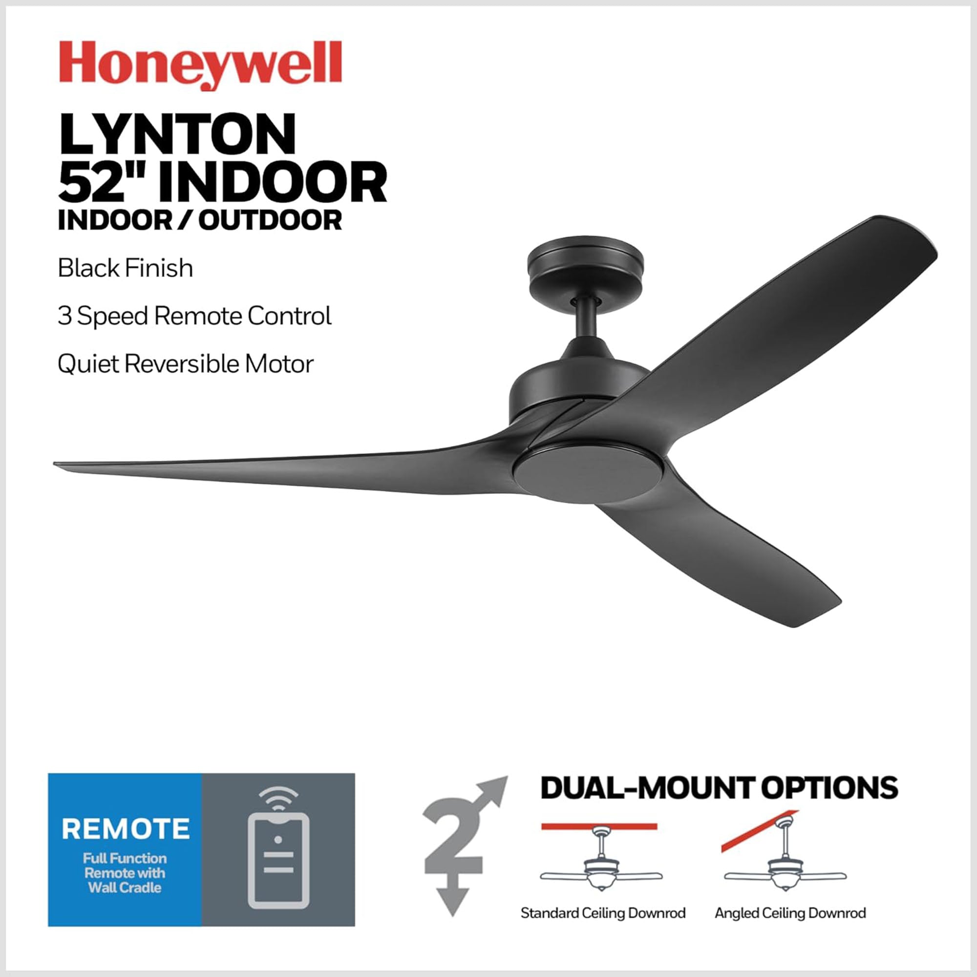 Honeywell 52" Ceiling Fan w/ Remote, & Reversible Blades, Matte Black (Open Box) - VMInnovations