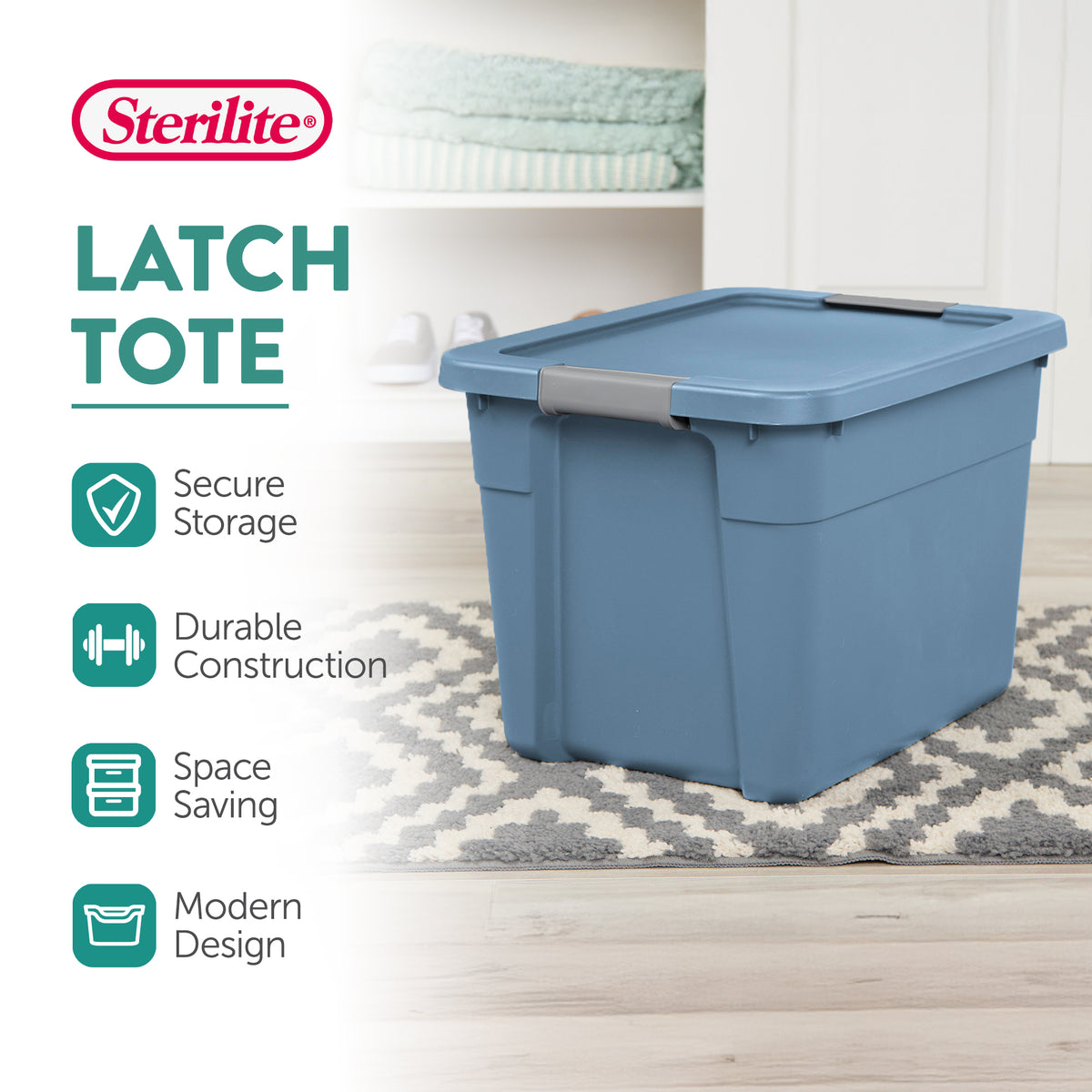 Sterilite 12 Gallon Latching Tote, Stackable Storage Bin with Lid, Blue, 18 Pack