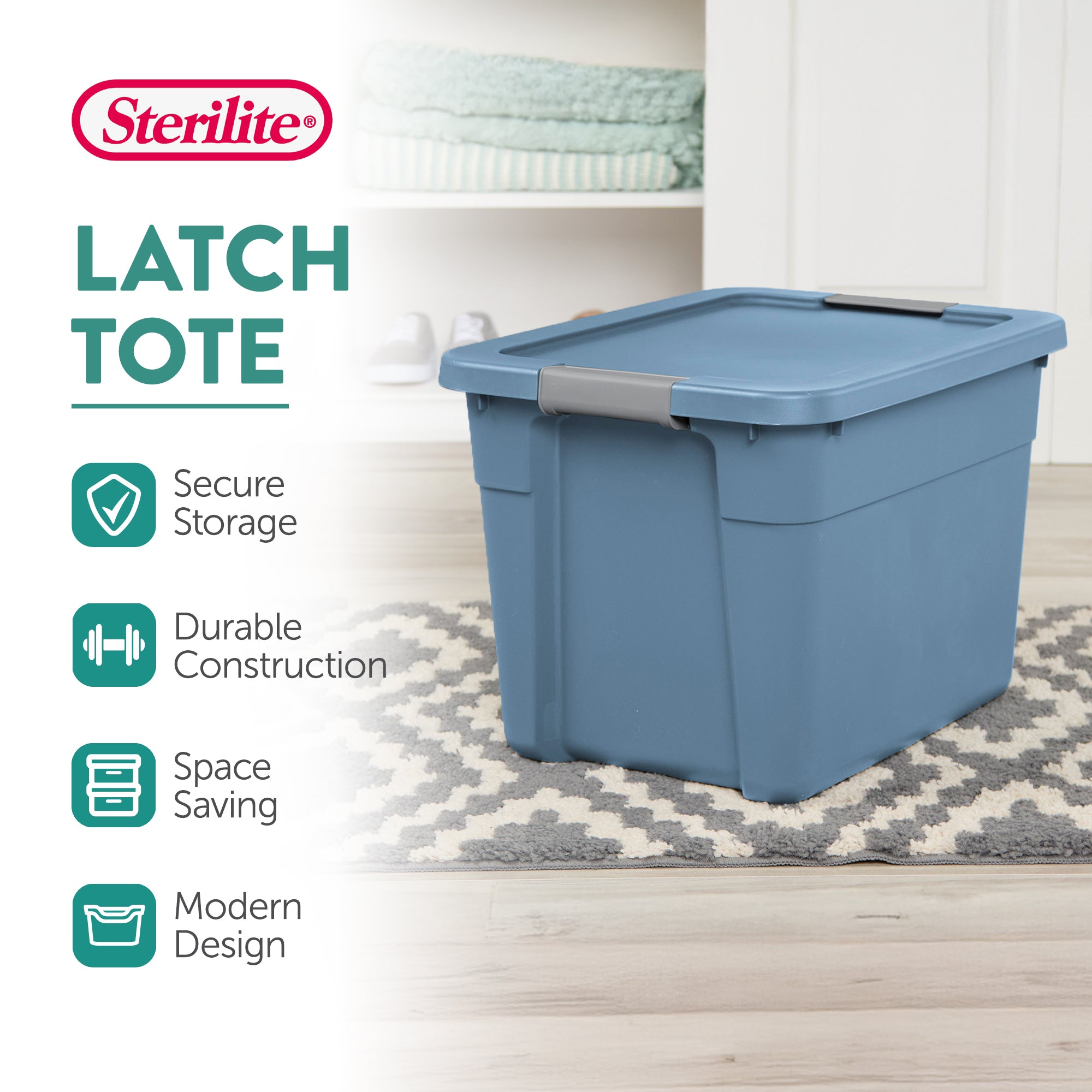 Sterilite 12 Gallon Latching Tote, Stackable Storage Bin with Lid, Blue, 24 Pack