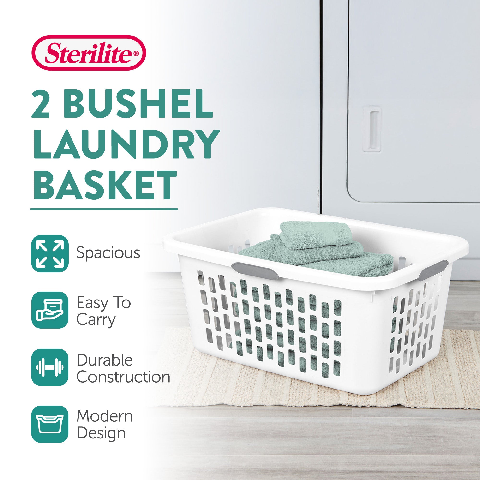 Sterilite Laundry Basket, 2 Bushel Plastic Hamper with Handles, White, 18 Pack