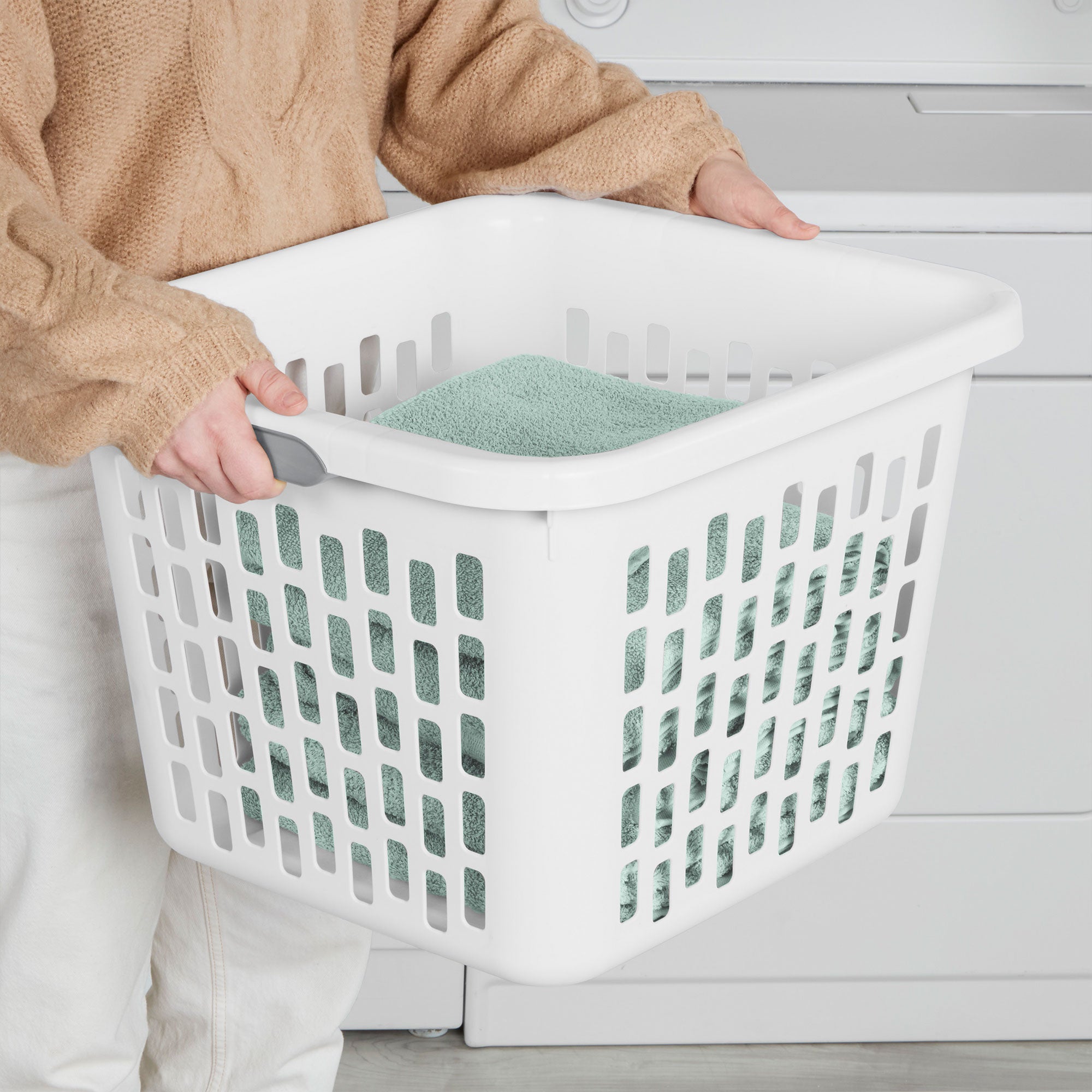 Sterilite Laundry Basket, 1.5 Bushel Plastic Hamper with Handles, White, 12 Pack