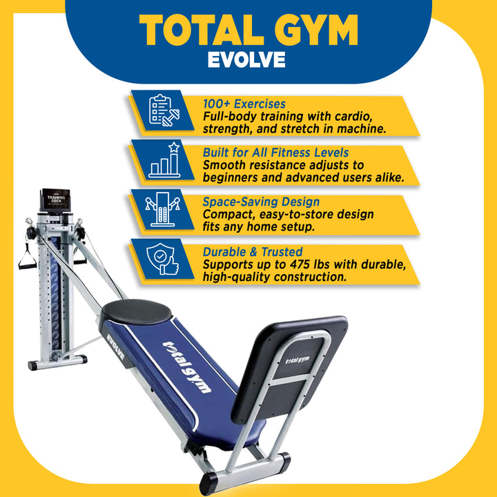 Total Gym Evolve Home Fitness Full Body Workout Exercise Equipment Machine, Blue - VMInnovations