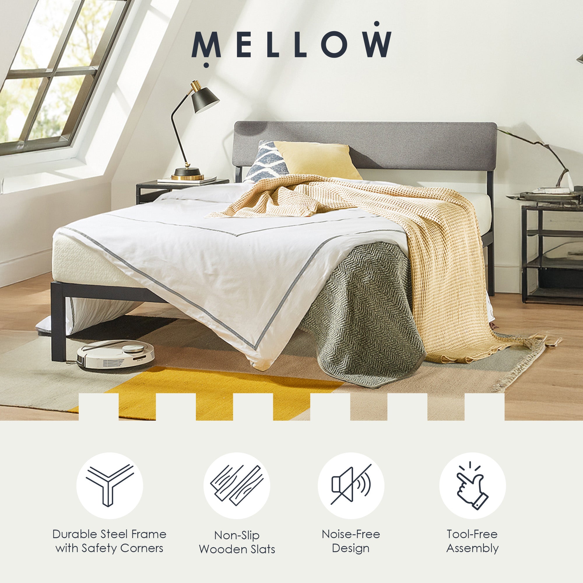 Mellow KERA Metal & Wood Platform Bed Frame w Angled Headboard, (Open Box)