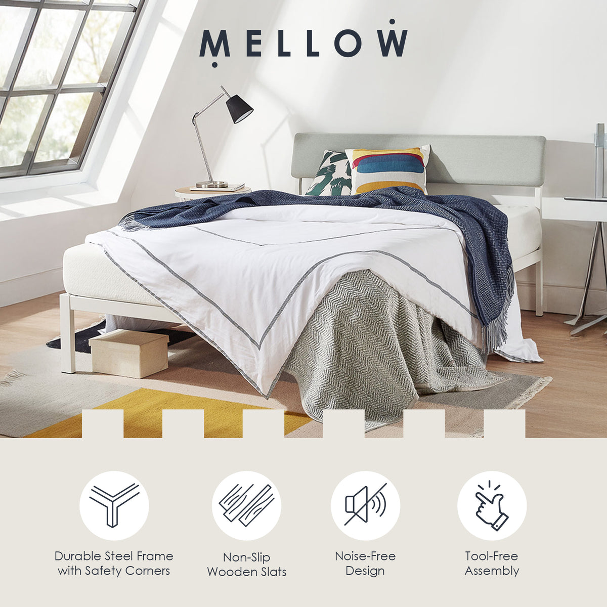 Mellow KERA Metal/Wood Platform Bed Frame with Angled Headboard, Full (Open Box)
