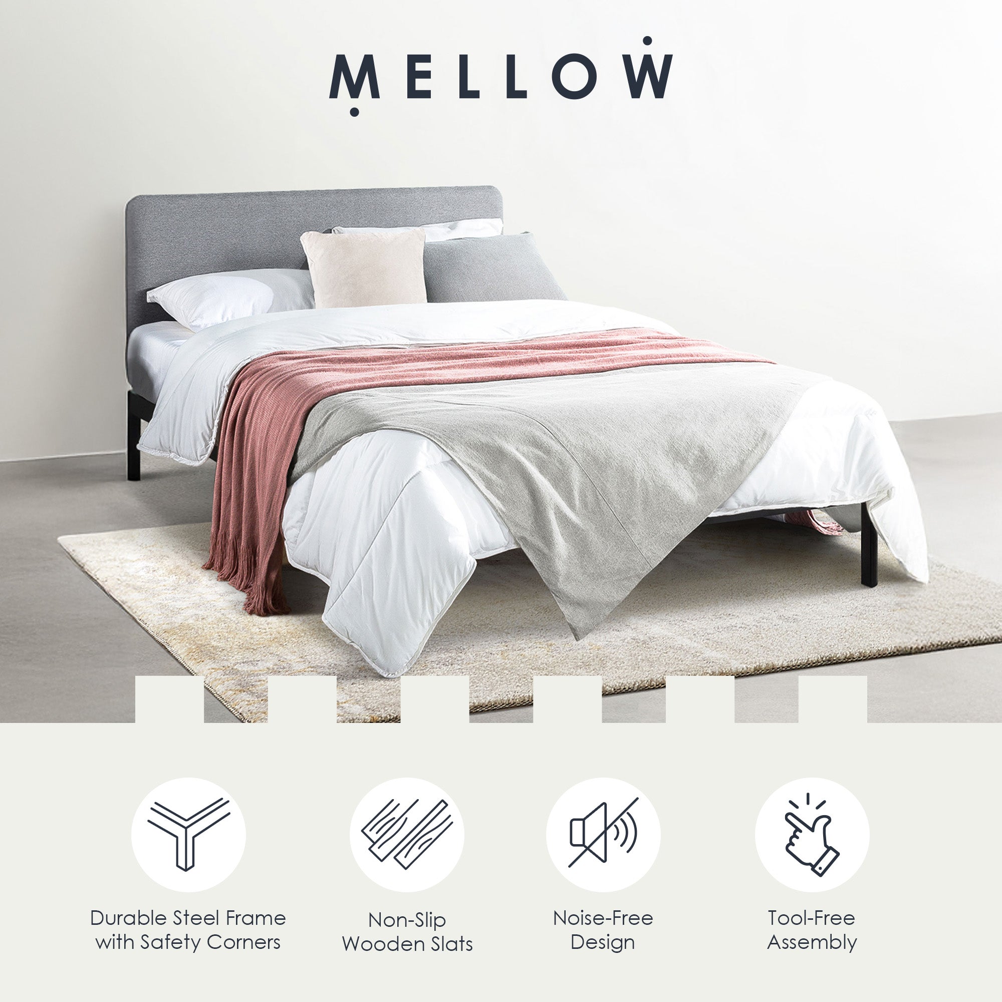 Mellow KERT Metal and Wood Platform Bed Frame with Upholstered Headboard, Full - VMInnovations