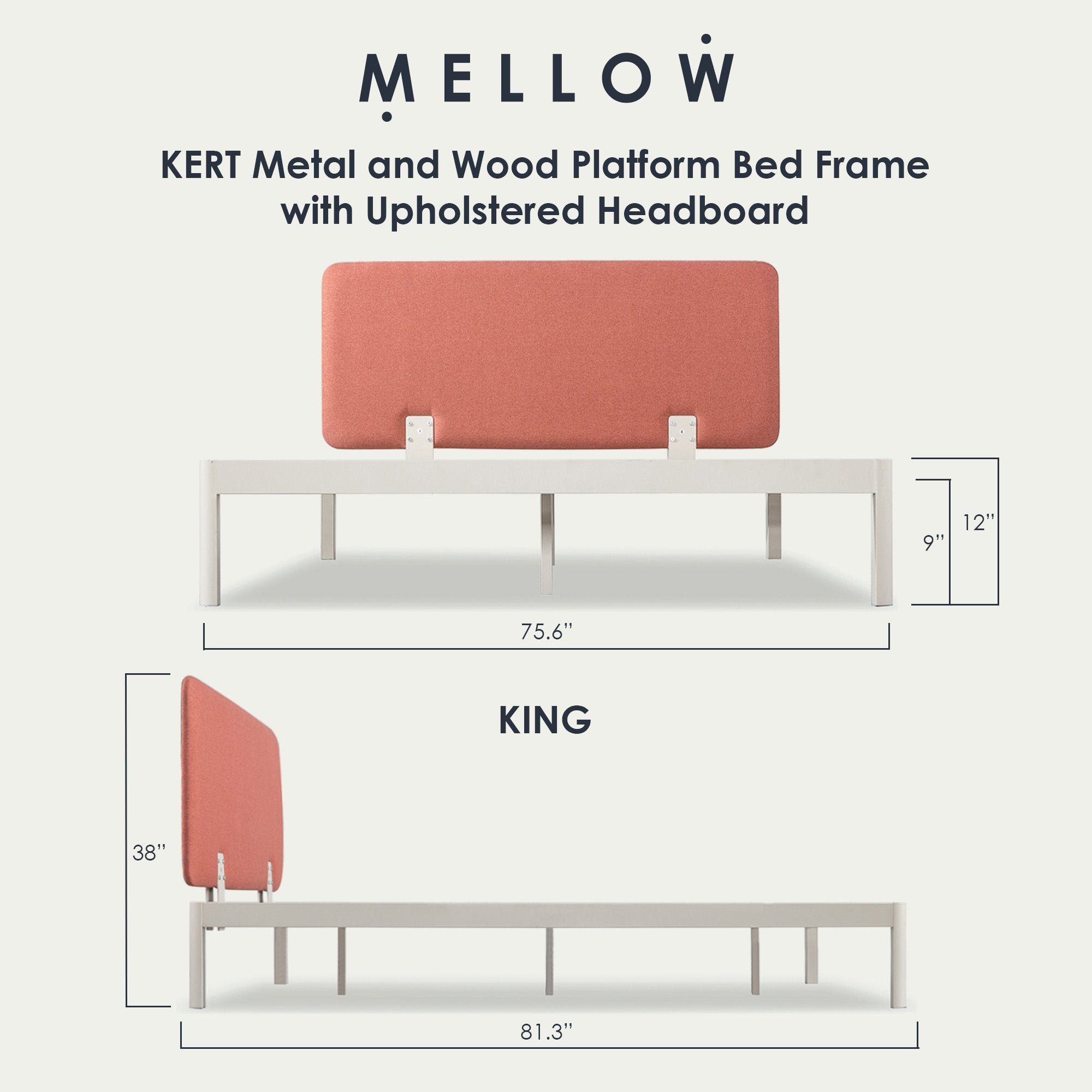 Mellow KERT Metal and Wood Platform Bed Frame with Upholstered Headboard, King - VMInnovations