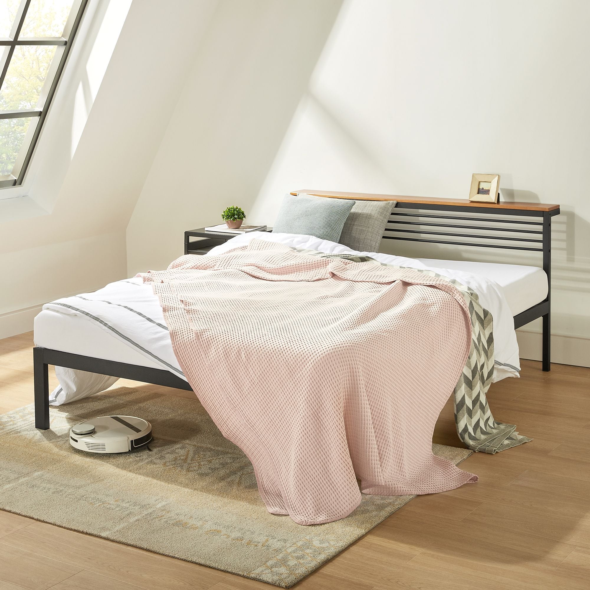 Mellow Metal & Wood Platform Bed Frame with Low Headboard Shelf, Twin(Used) - VMInnovations