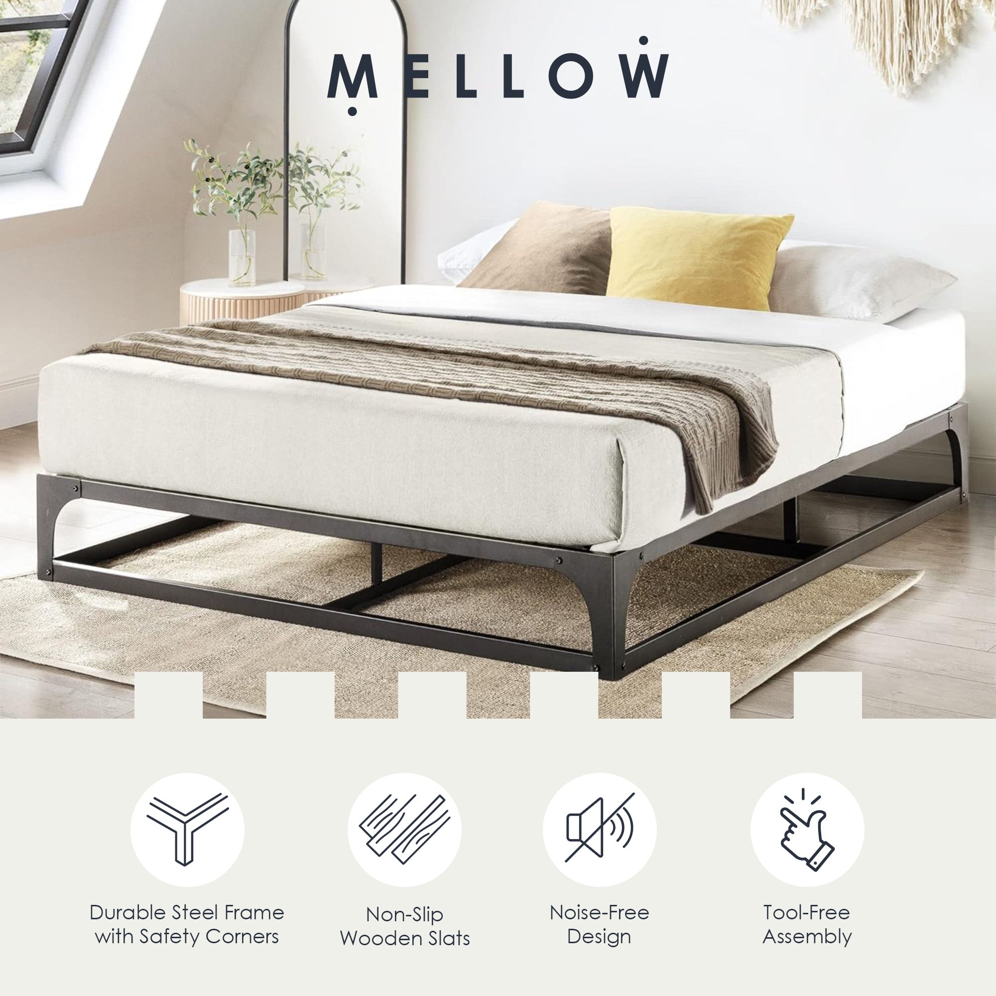 Mellow Ace of Base King Metal Platform Low Profile Bed Frame Hinged 9"(Open Box) - VMInnovations