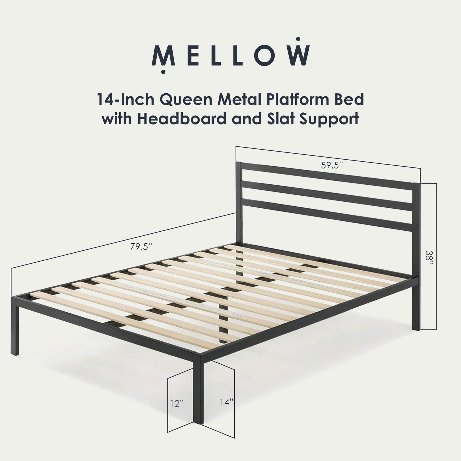 Mellow 14-Inch Metal Platform Bed with Headboard and Slat Support, Queen, Black - VMInnovations