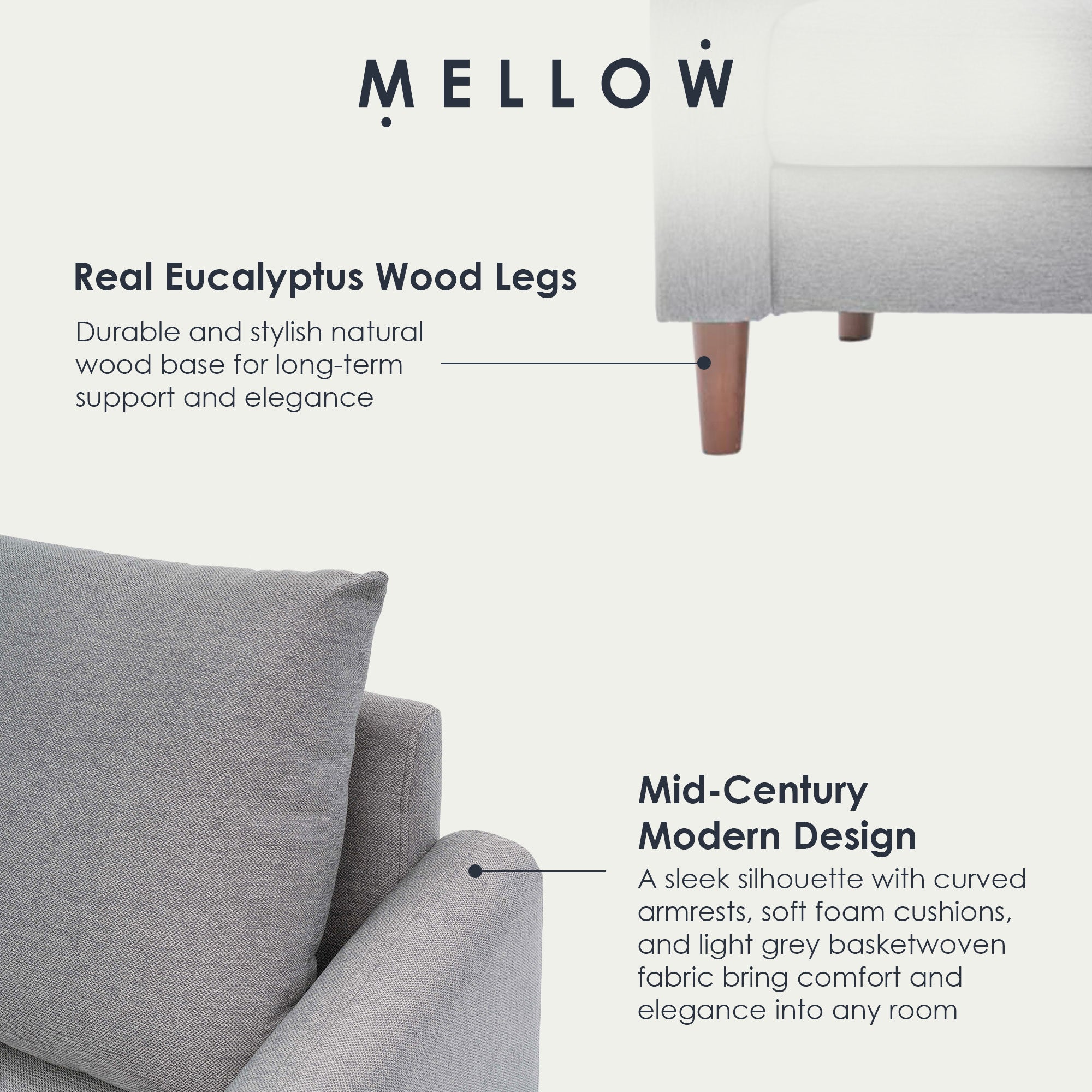 Mellow MAE Mid-Century Modern Curved Arm Sofa with Solid Wood Legs, Light Grey - VMInnovations