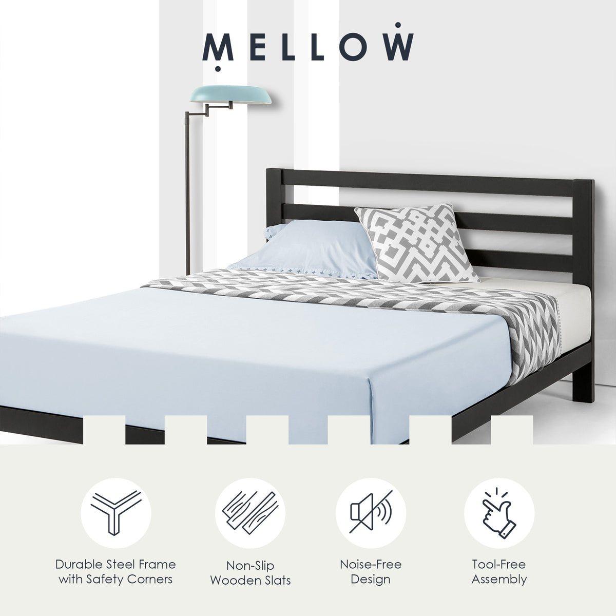Mellow Classic Heavy Duty Platform Bed Frame w/Headboard, 10", King (Open Box)