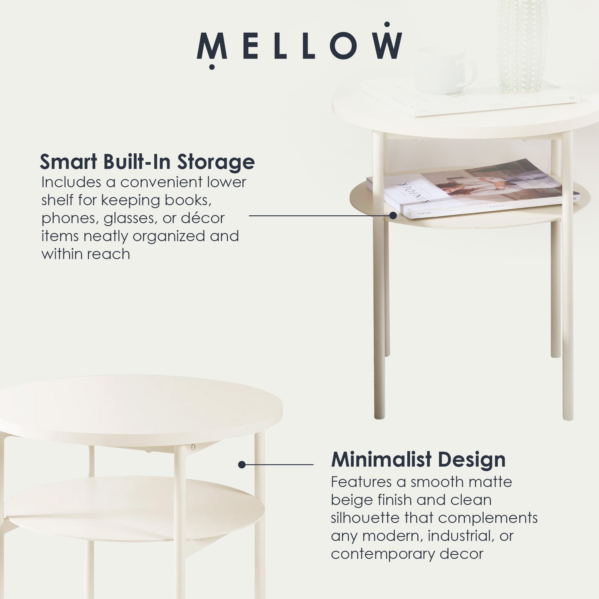 Mellow AIDA Round Multipurpose End and Side Table with Storage Shelf, Beige - VMInnovations