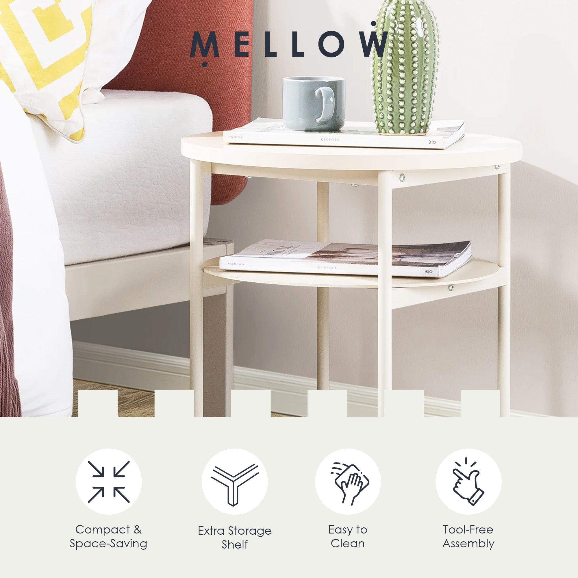 Mellow AIDA Round Multipurpose End and Side Table with Storage Shelf, Beige - VMInnovations
