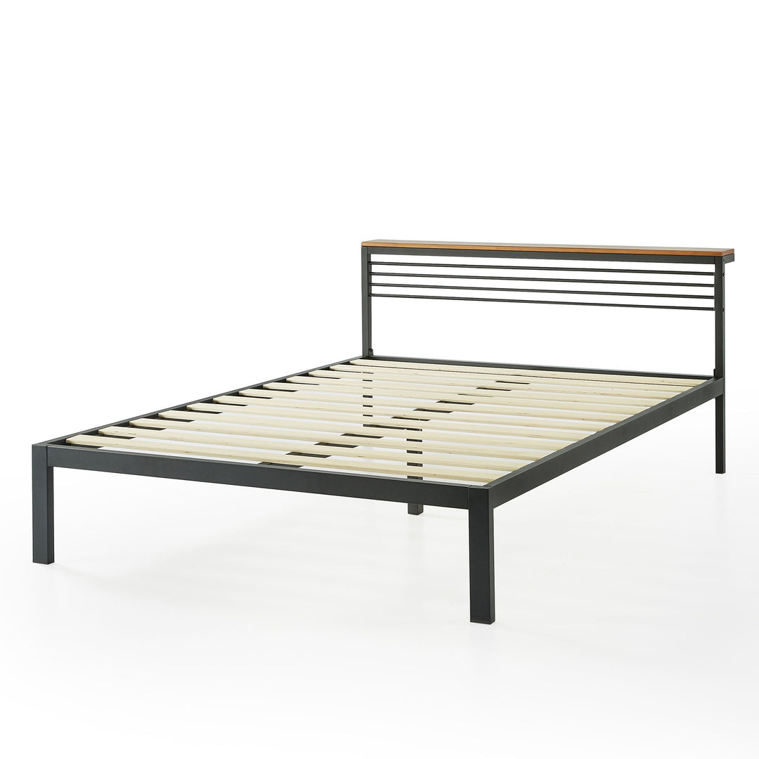 Mellow HYLLE Metal & Wood Platform Bed Frame with Low Headboard Shelf, Full - VMInnovations