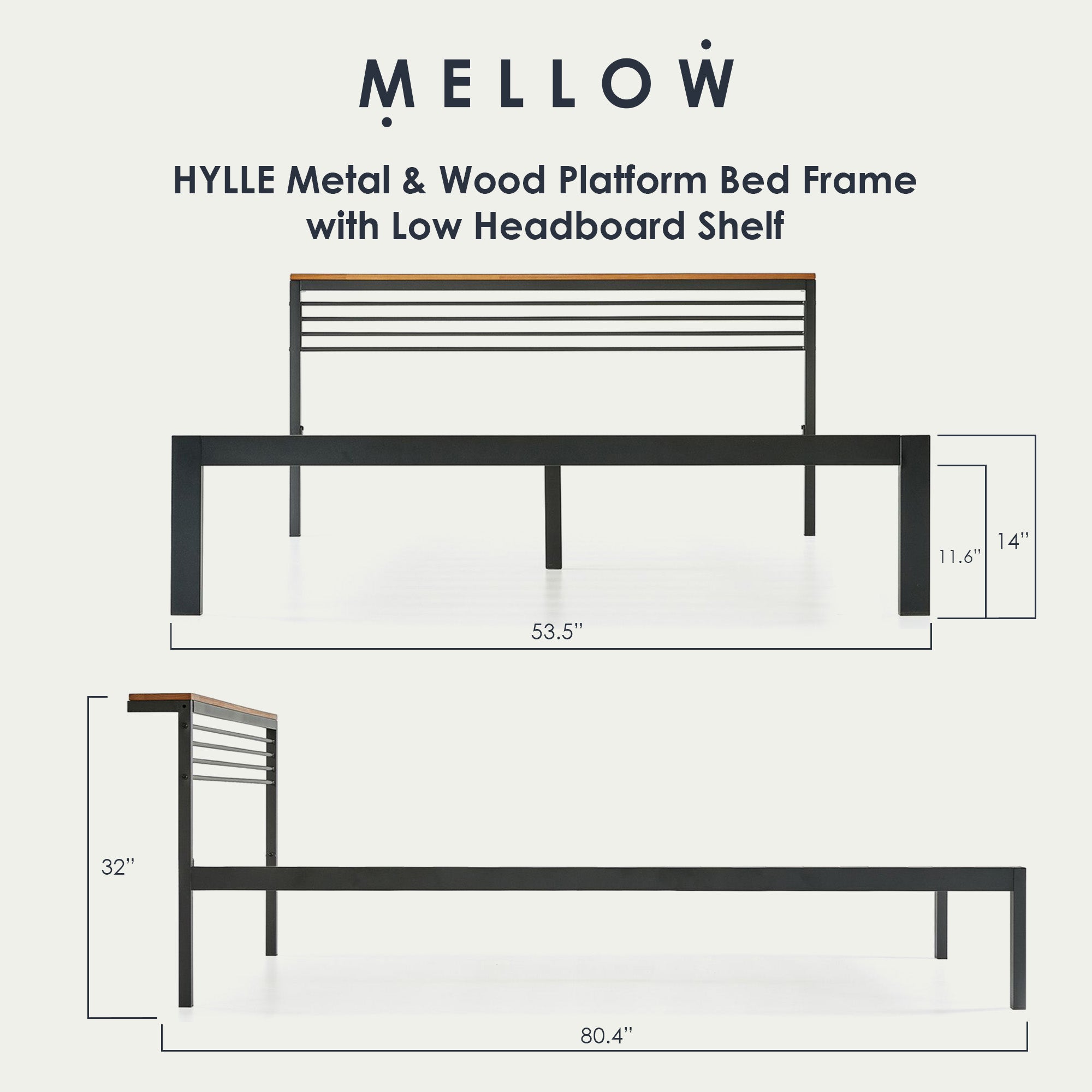 Mellow HYLLE Metal & Wood Platform Bed Frame with Low Headboard Shelf, Full - VMInnovations