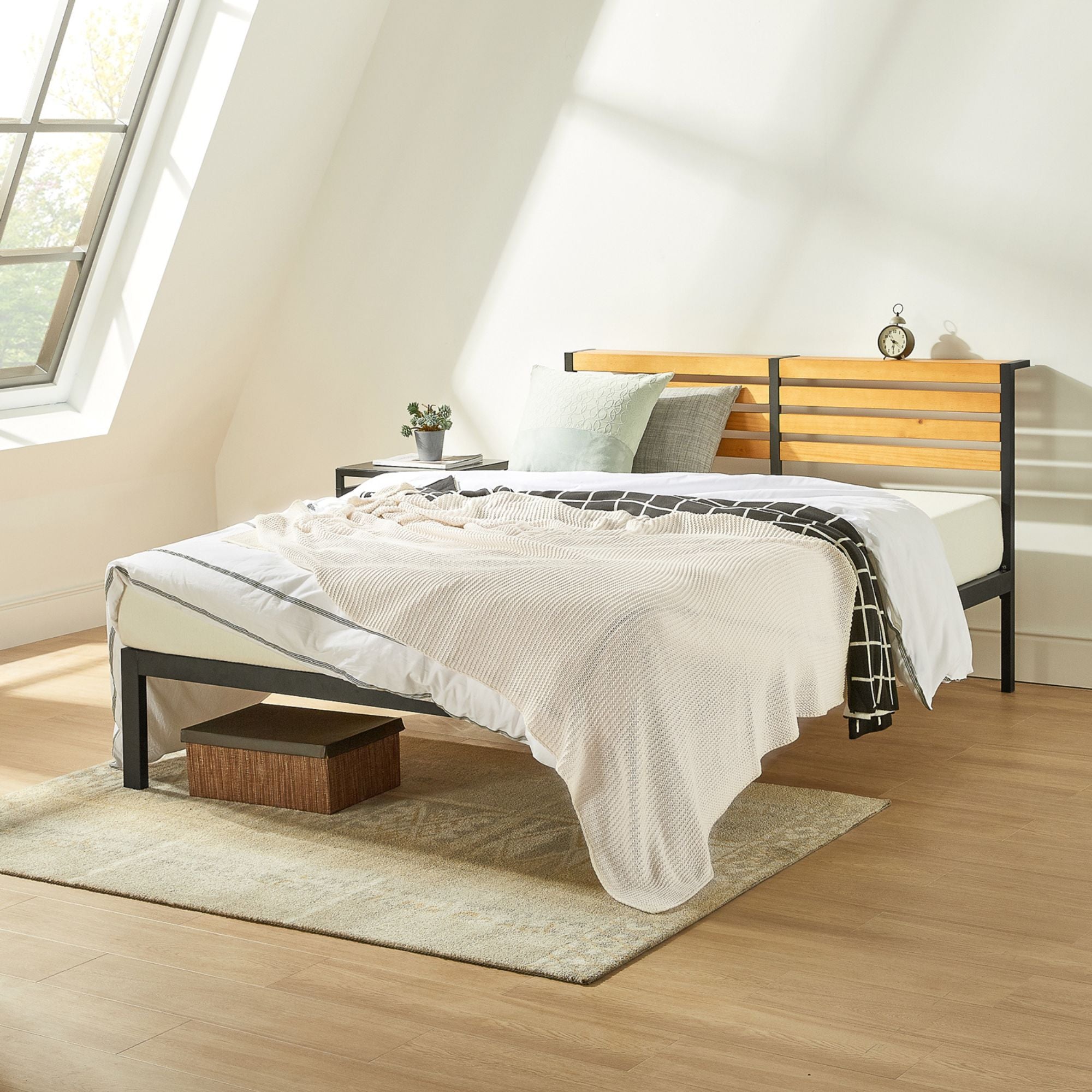 Mellow KASI Metal & Wood Platform Bed Frame with Built-In Headboard Shelf, Queen - VMInnovations