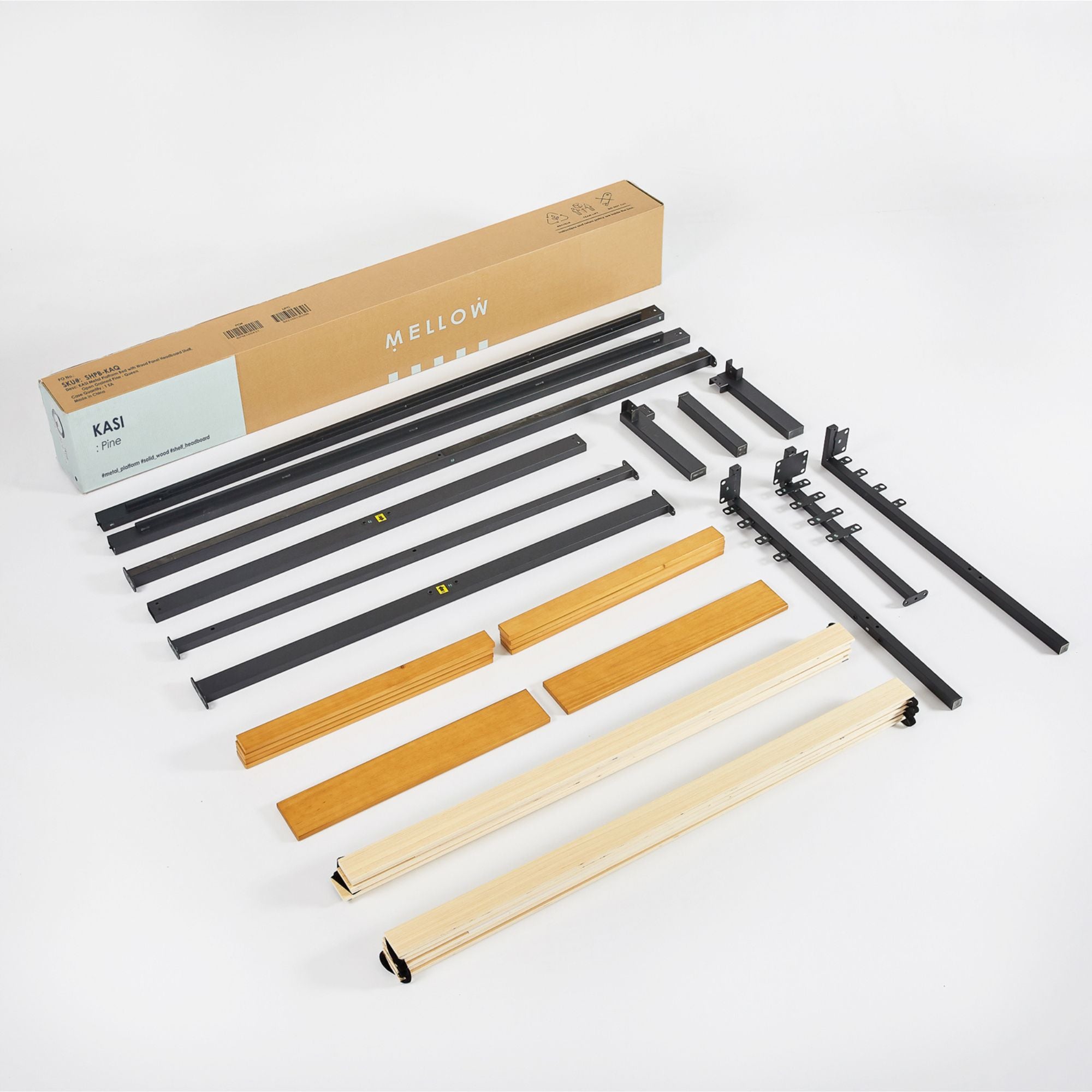 Mellow KASI Metal & Wood Platform Bed Frame with Built-In Headboard Shelf, Queen - VMInnovations