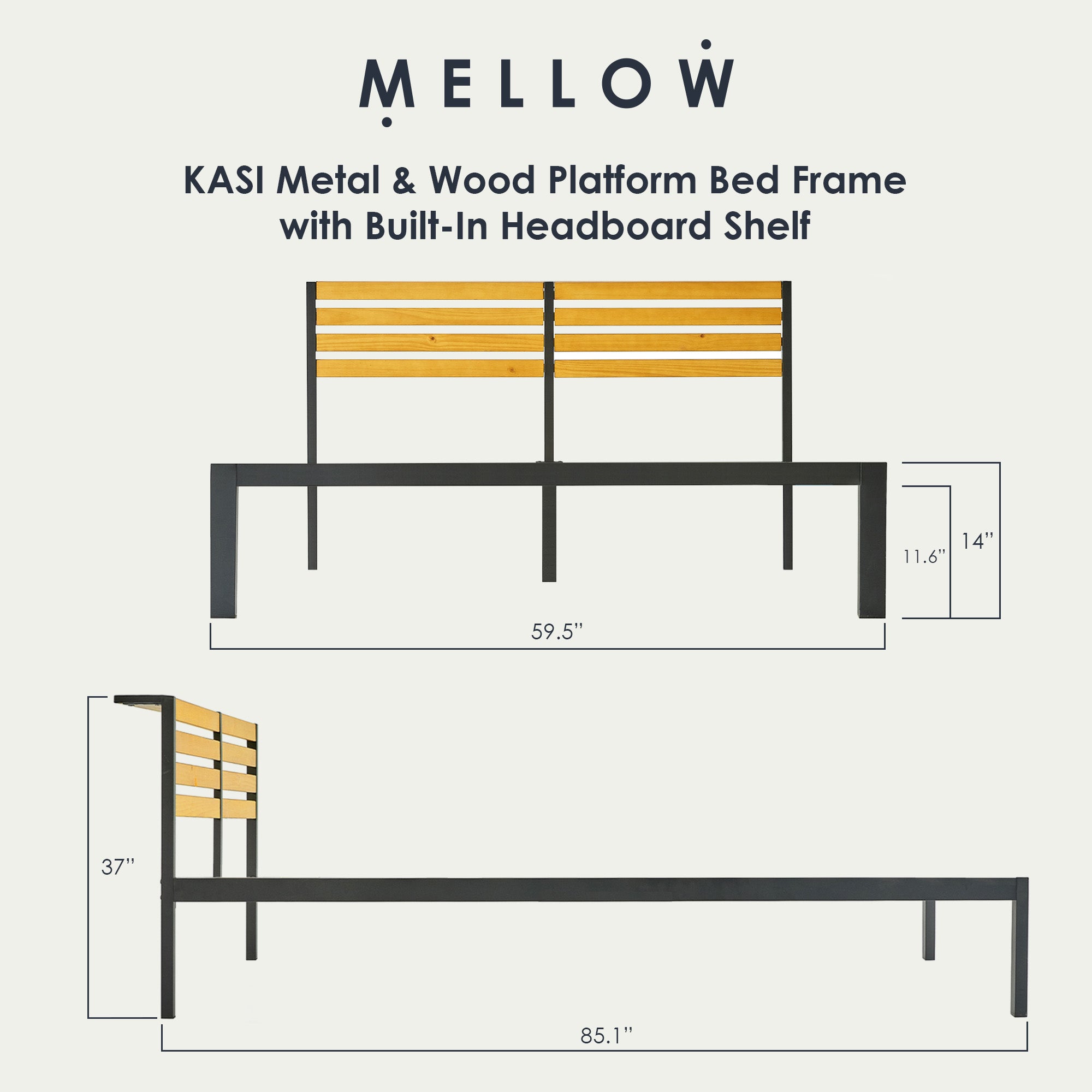 Mellow KASI Metal & Wood Platform Bed Frame with Built-In Headboard Shelf, Queen - VMInnovations