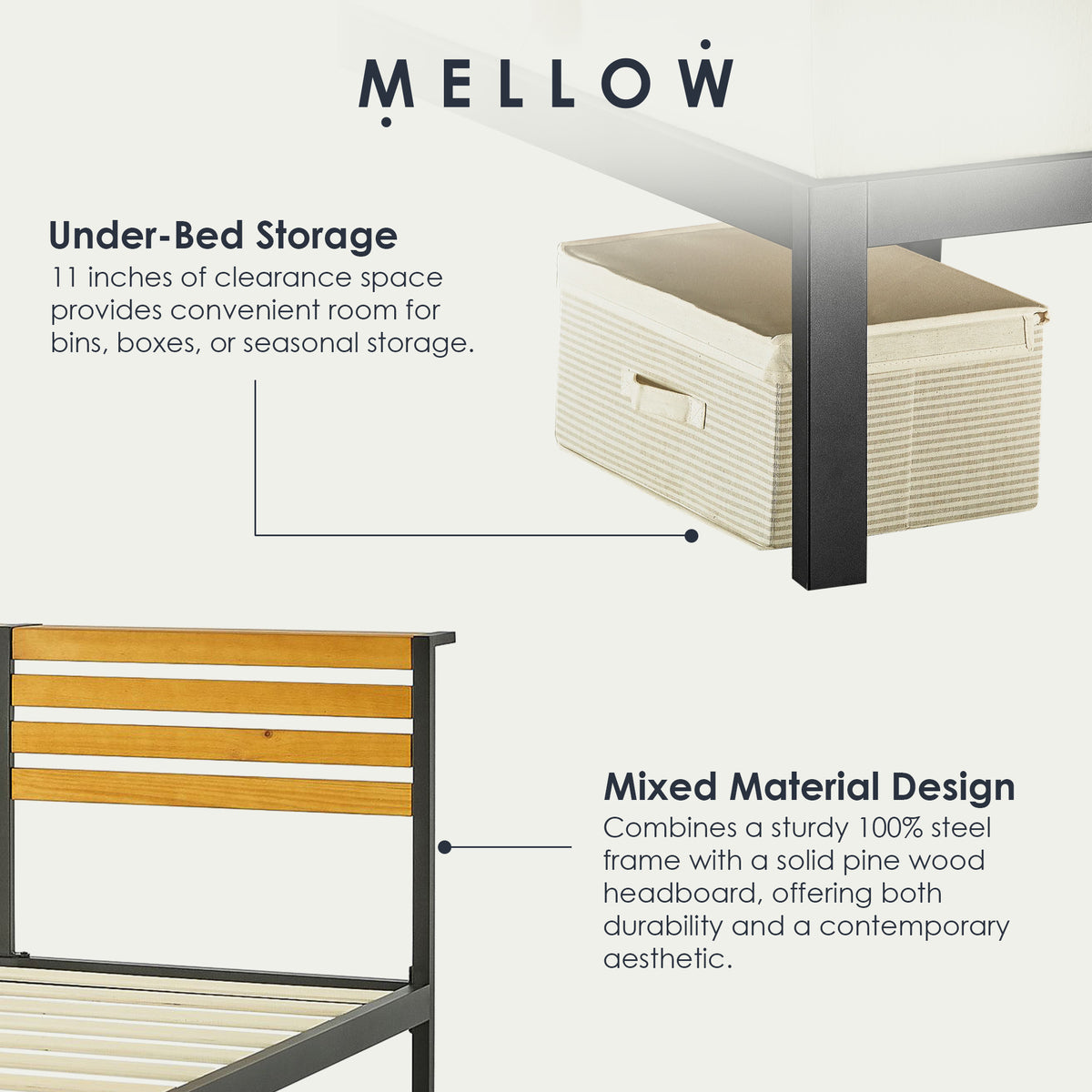 Mellow KASI Metal & Wood Platform Bed Frame with Built-In Headboard Shelf, Queen