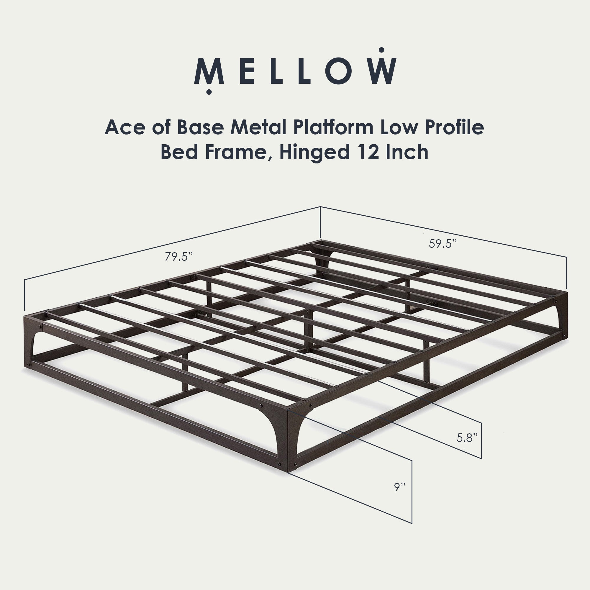 Mellow Ace of Base Metal Platform Low Profile Bed Frame, Hinged 12 Inch, Queen - VMInnovations